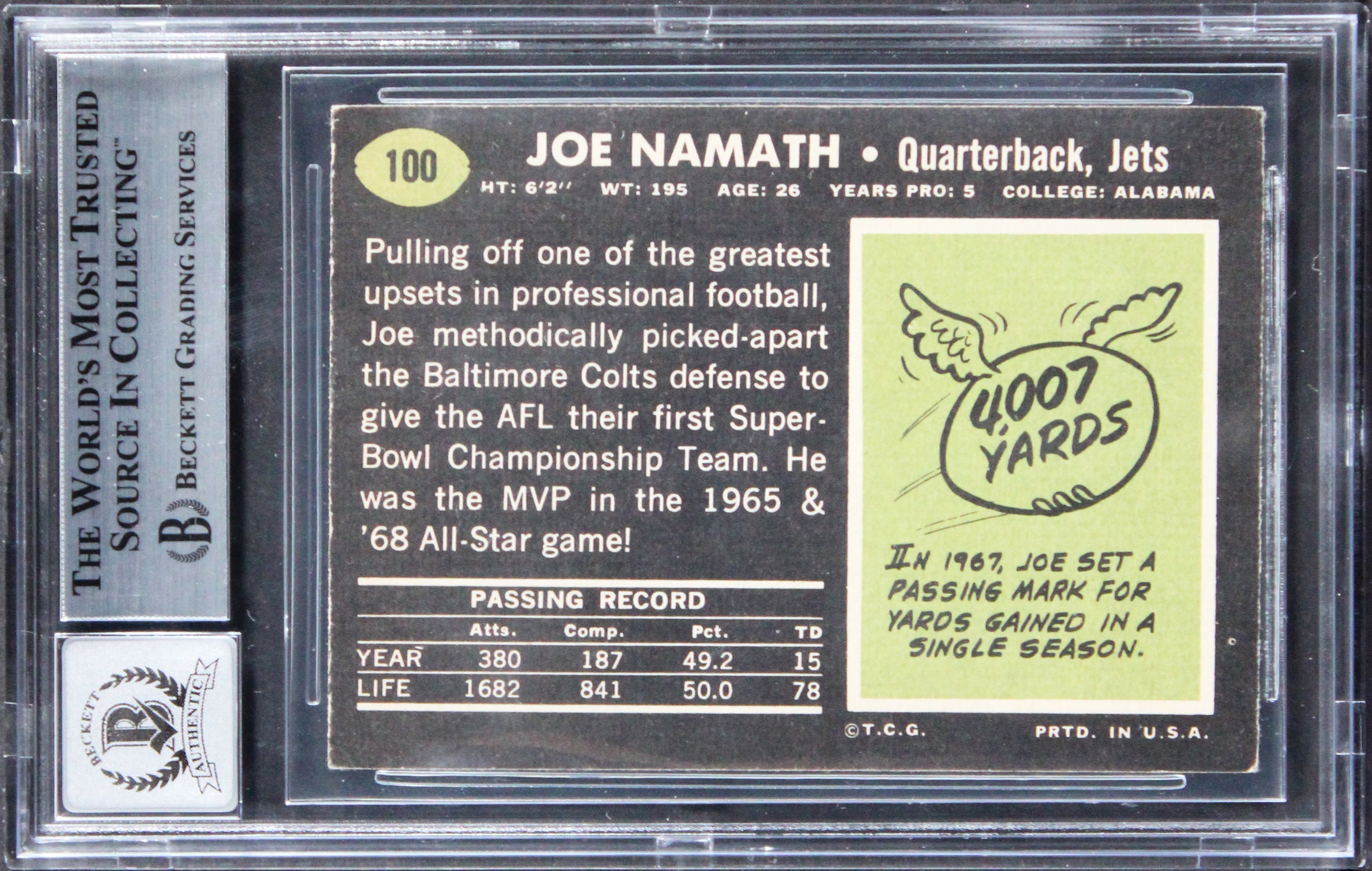 Jets Joe Namath Authentic Signed 1969 Topps #100 Card Auto 10! BAS Slabbed 1