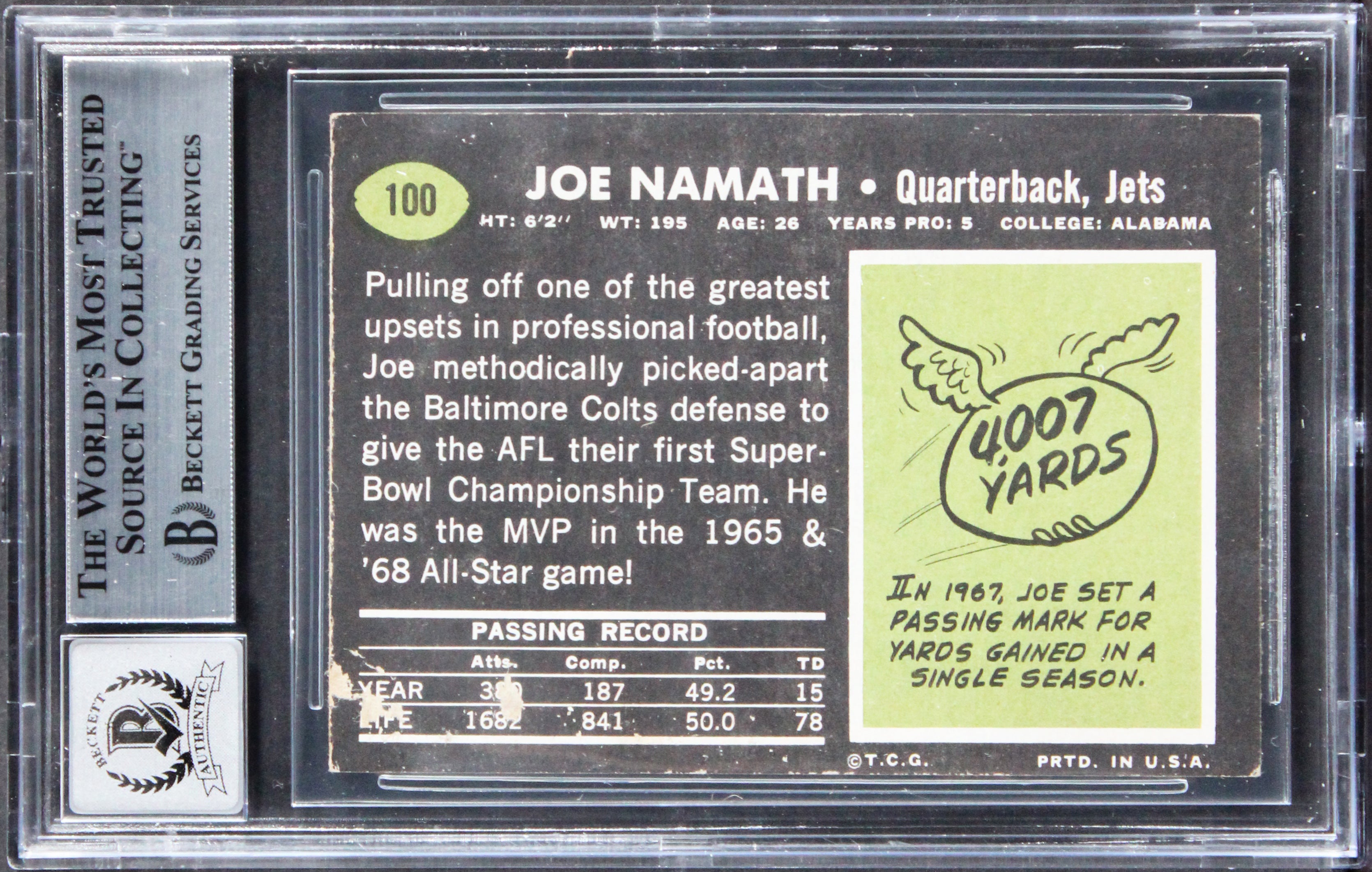 Jets Joe Namath Authentic Signed 1969 Topps #100 Card Auto 10! BAS Slabbed 2