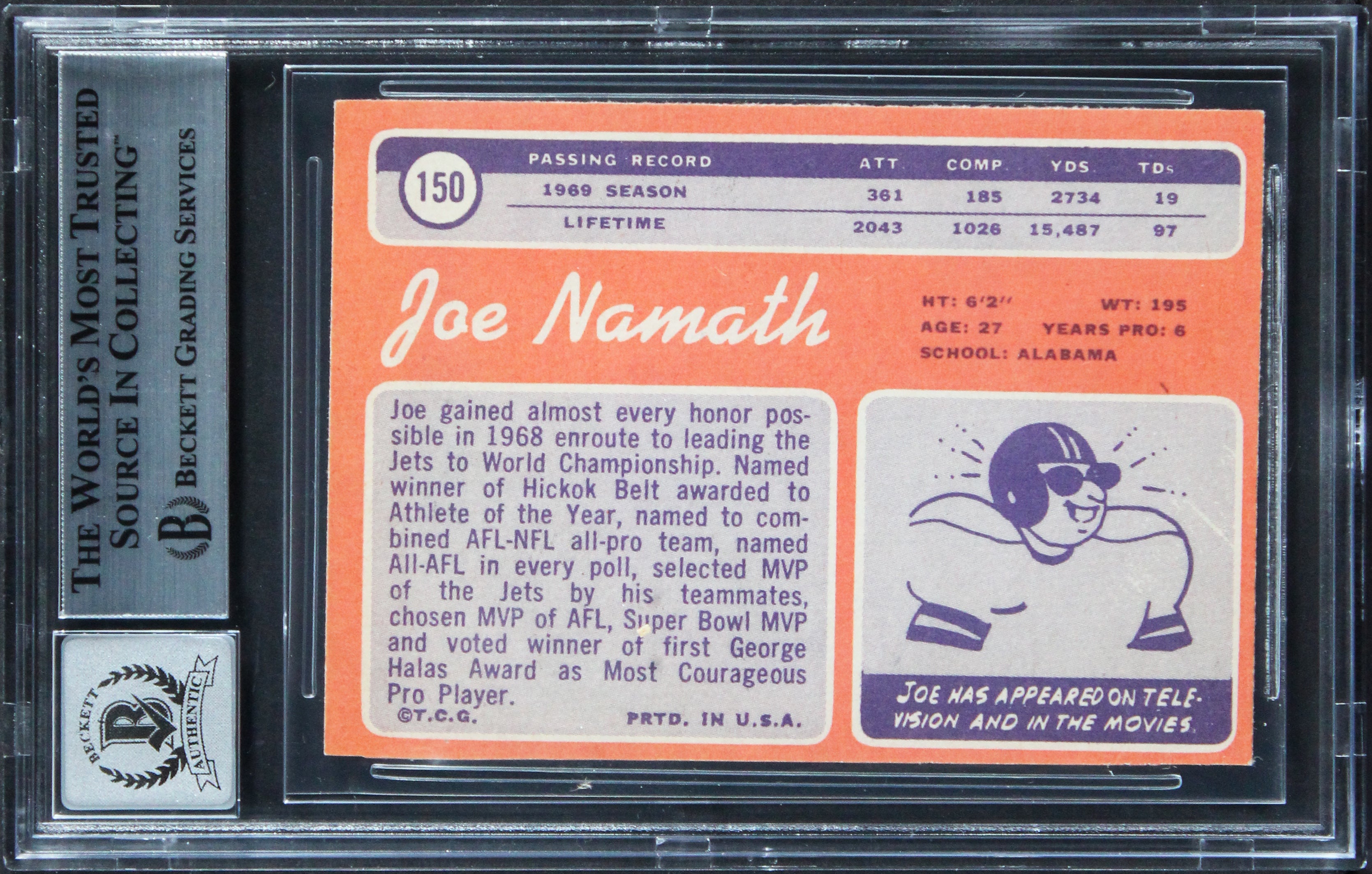 Jets Joe Namath Authentic Signed 1970 Topps #150 Card Auto 10! BAS Slabbed 2
