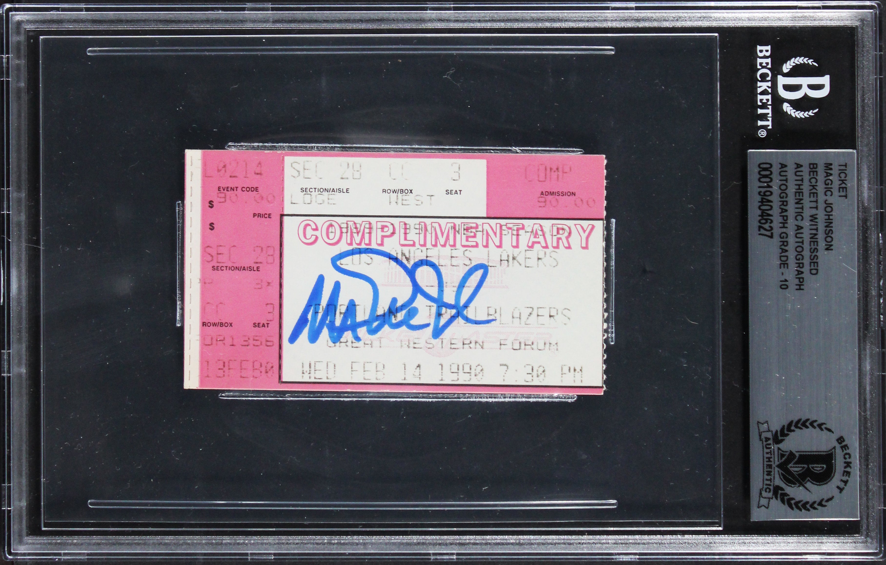 Lakers Magic Johnson Signed February 14, 1990 Ticket Stub Auto 10! BAS Slabbed