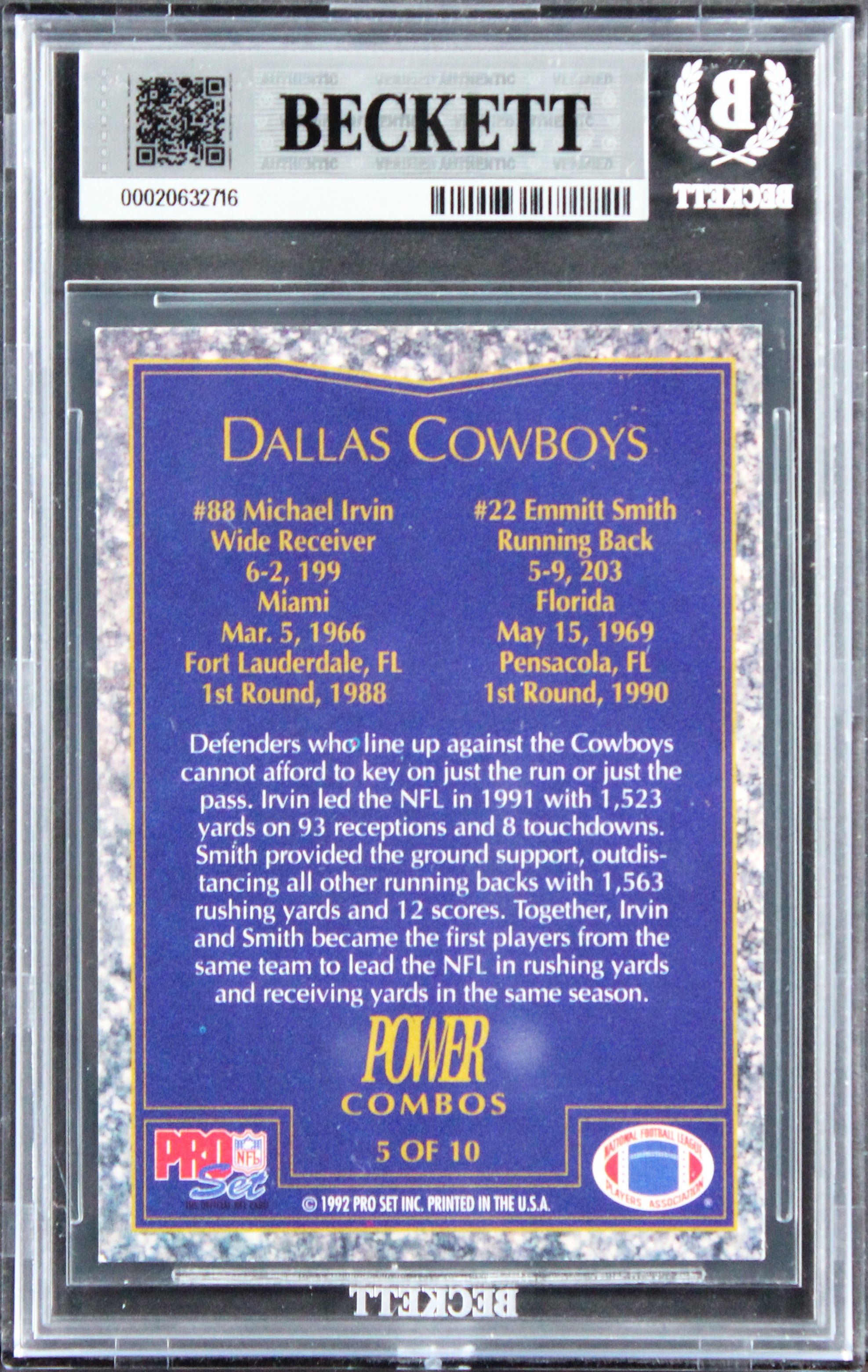 Emmitt Smith & Michael Irvin Signed 1992 Power Combos #5 Card Auto 10! BAS Slab