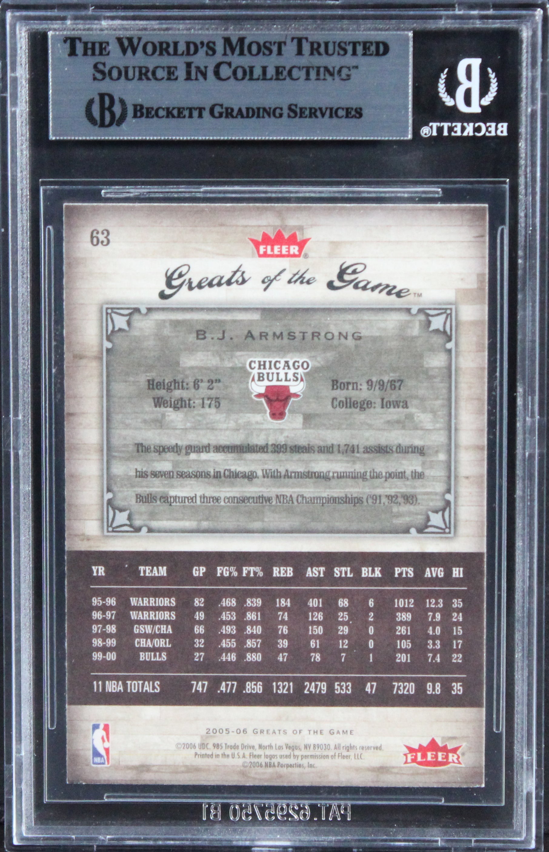 Bulls B.J. Armstrong Signed 2005 Greats Of The Game #63 Card BAS Slabbed