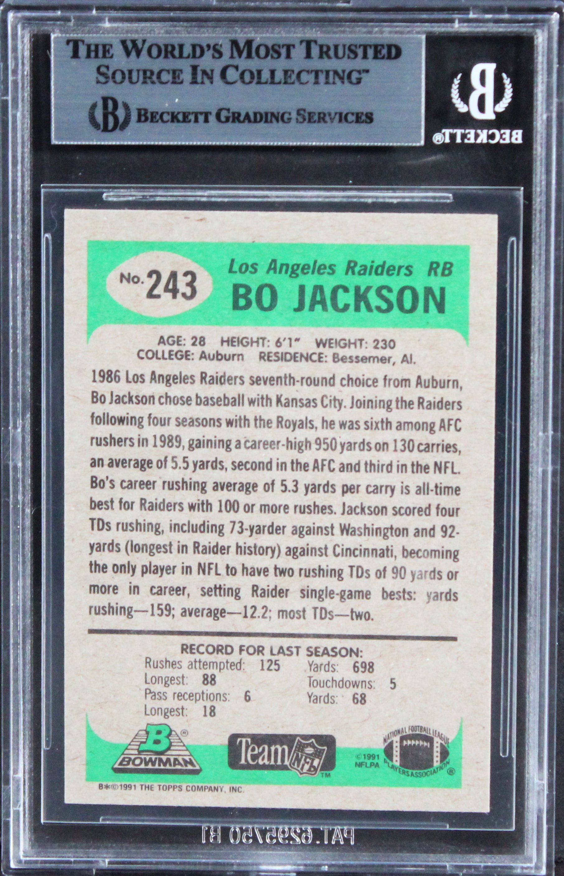 Raiders Bo Jackson Authentic Signed 1991 Bowman #243 Card BAS Slabbed