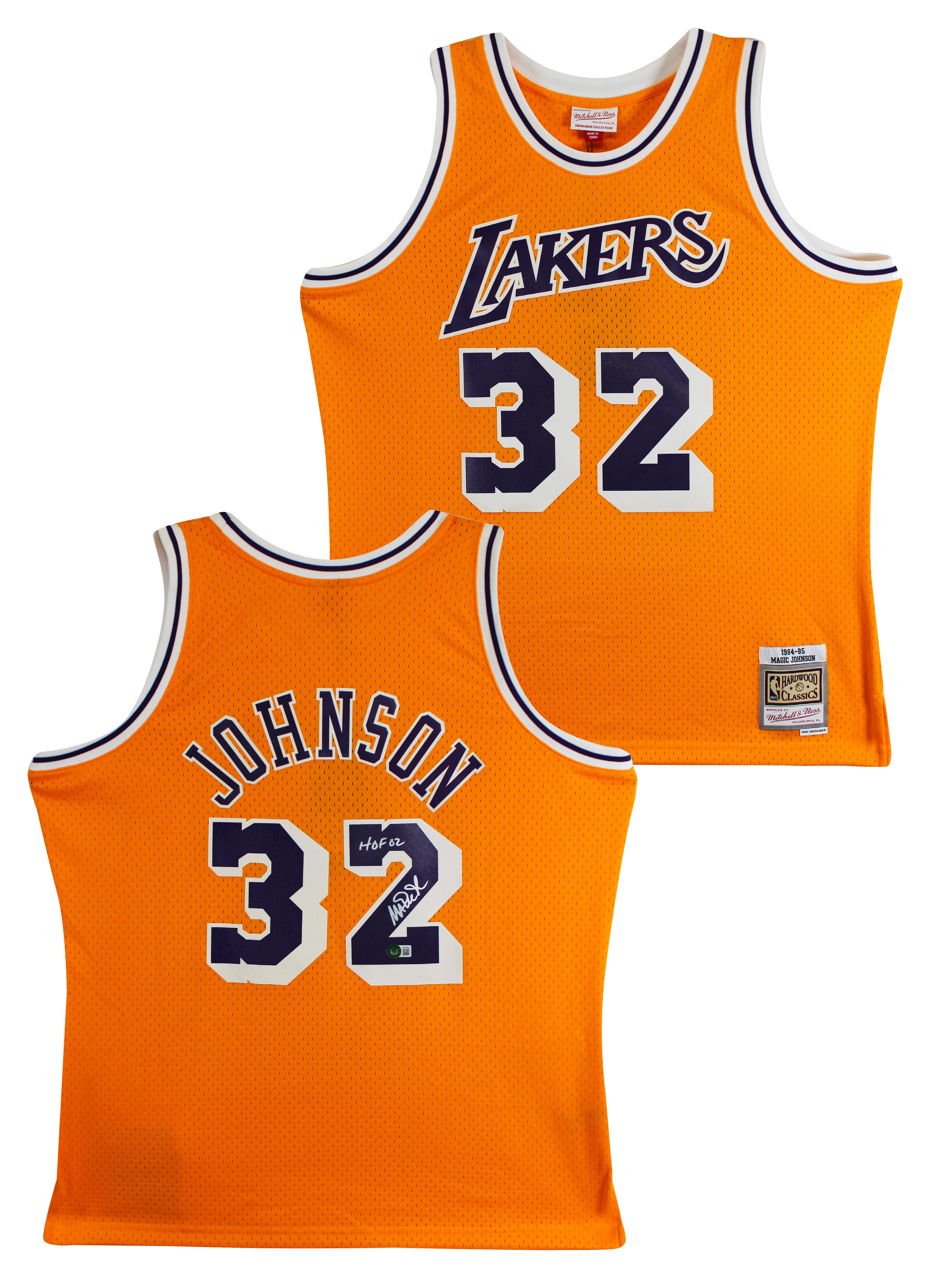Lakers Magic Johnson "HOF 02" Signed Yellow M&N HWC Swingman Jersey BAS Wit 2