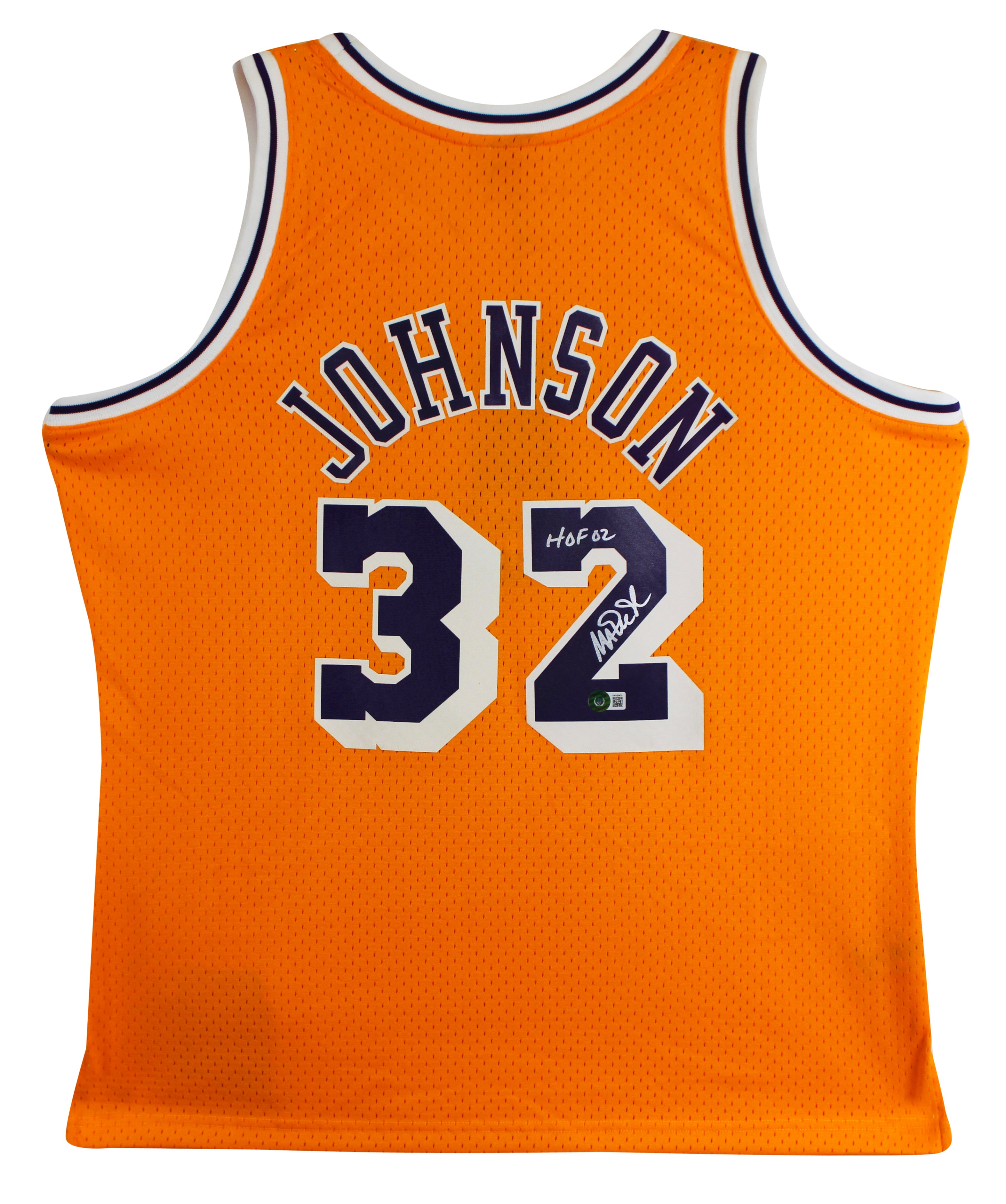 Lakers Magic Johnson "HOF 02" Signed Yellow M&N HWC Swingman Jersey BAS Wit 2