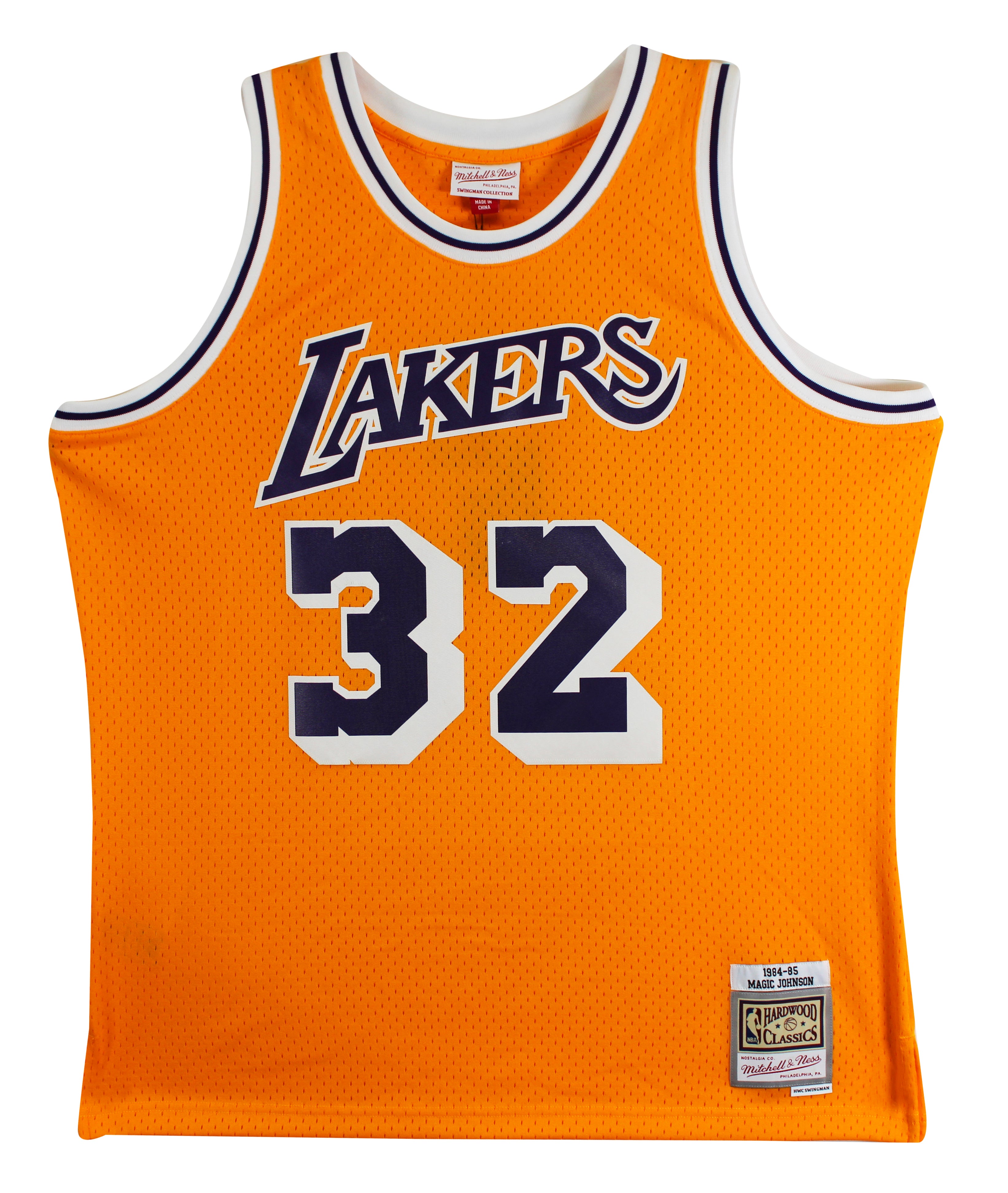 Lakers Magic Johnson "HOF 02" Signed Yellow M&N HWC Swingman Jersey BAS Wit 2