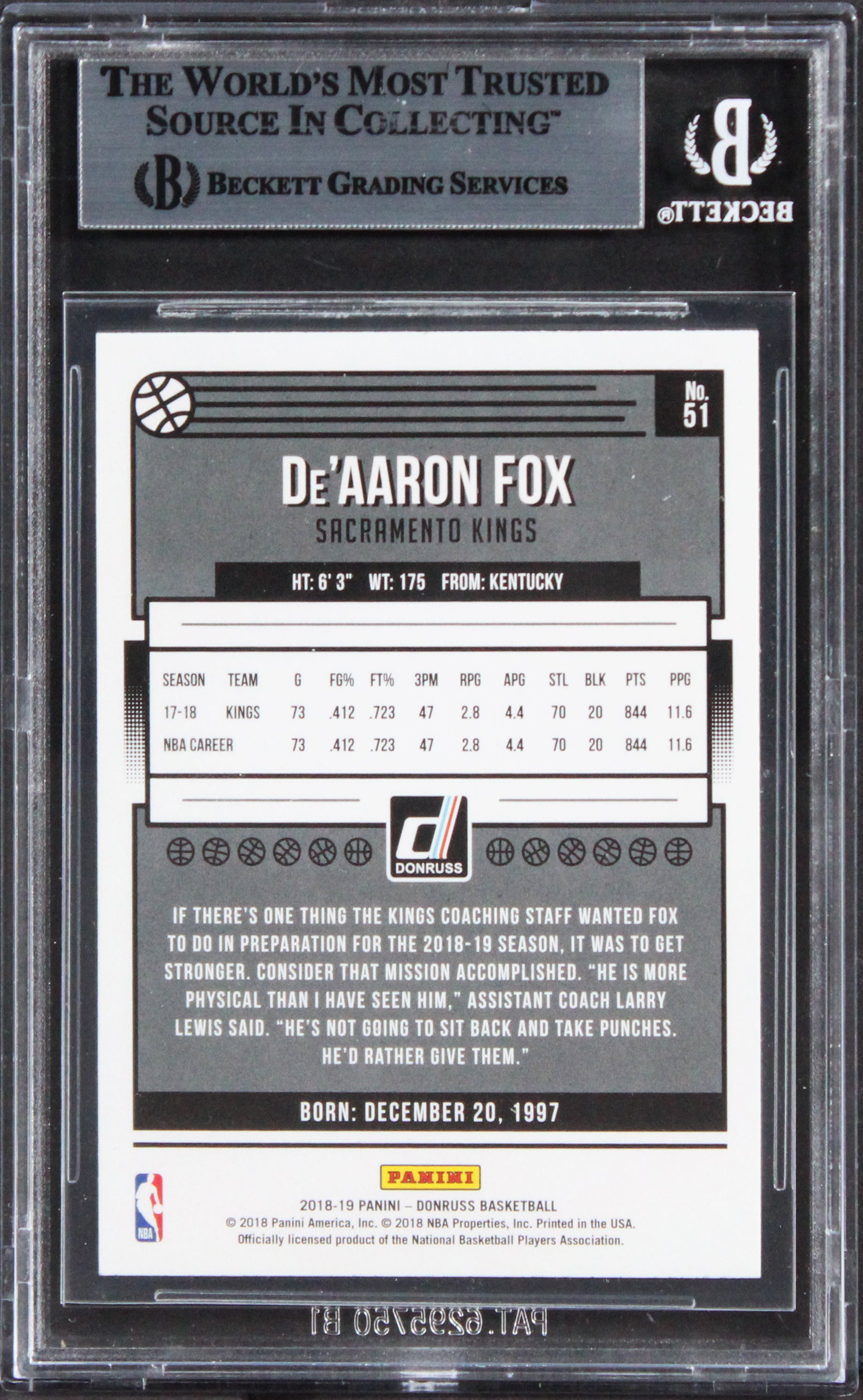 De'Aaron Fox Signed 2018 Donruss Holo Green And Yellow Laser #51 Card BAS Slab