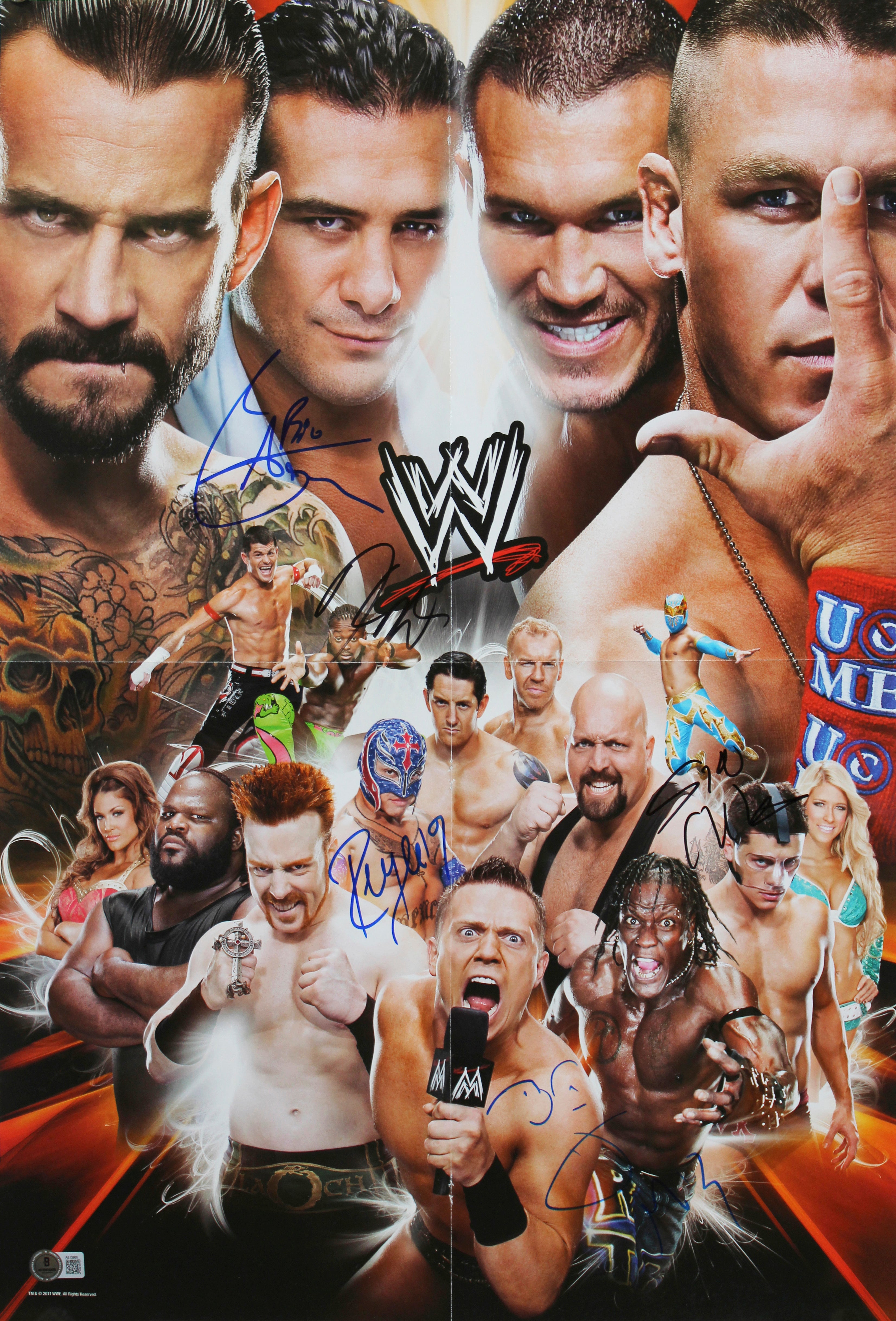 WWE Superstars (5) Mysterio, Miz, Cara, +2  Signed 17x25 Poster BAS #AE13980