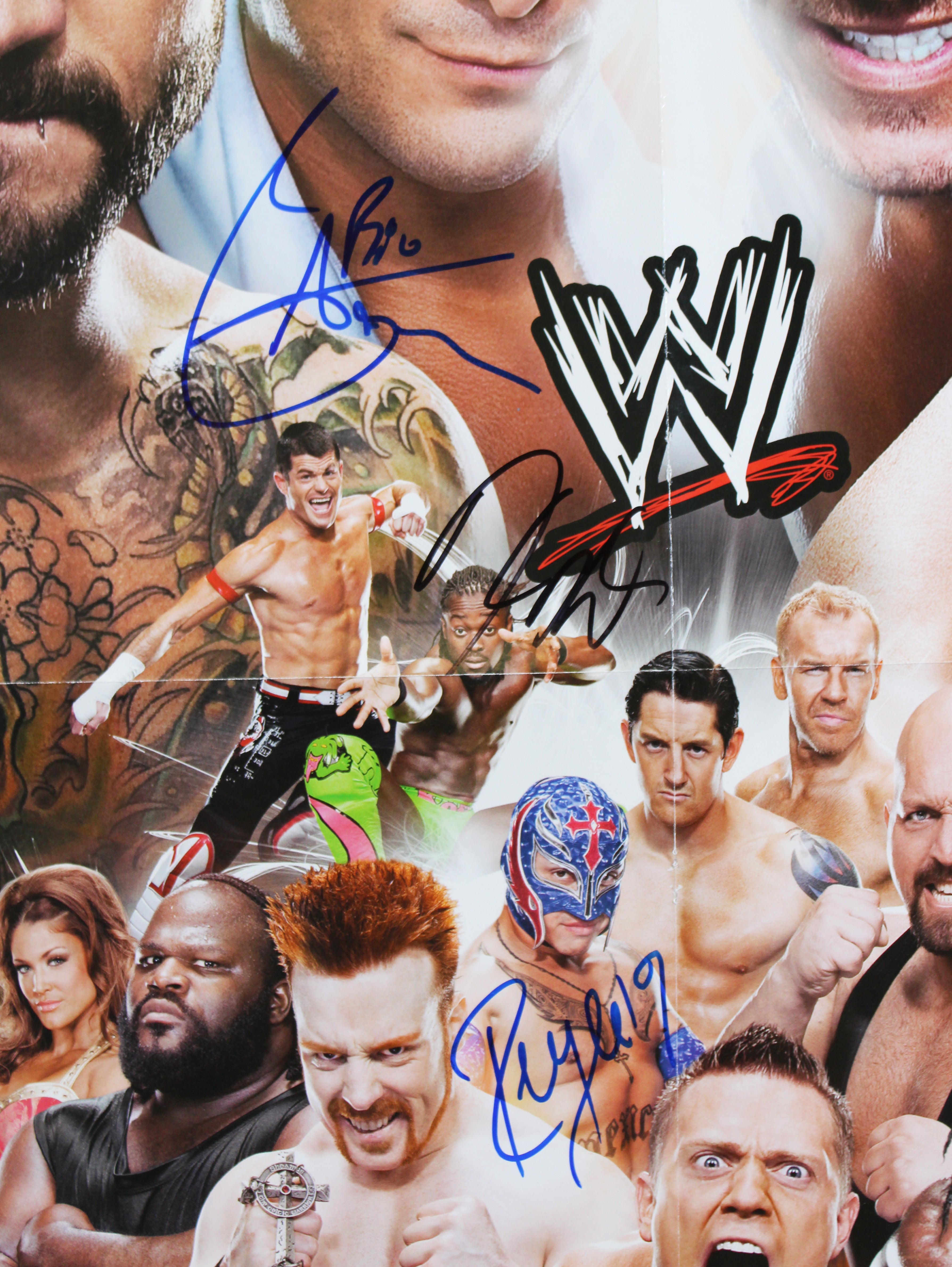 WWE Superstars (5) Mysterio, Miz, Cara, +2  Signed 17x25 Poster BAS #AE13980