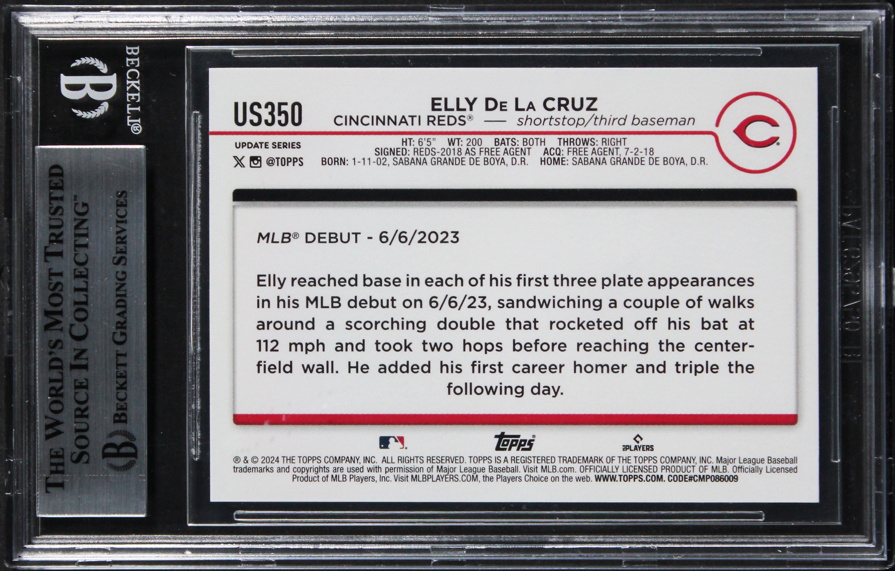 Reds Elly De La Cruz Authentic 2024 Topps #141 Card Autographed BAS Slabbed