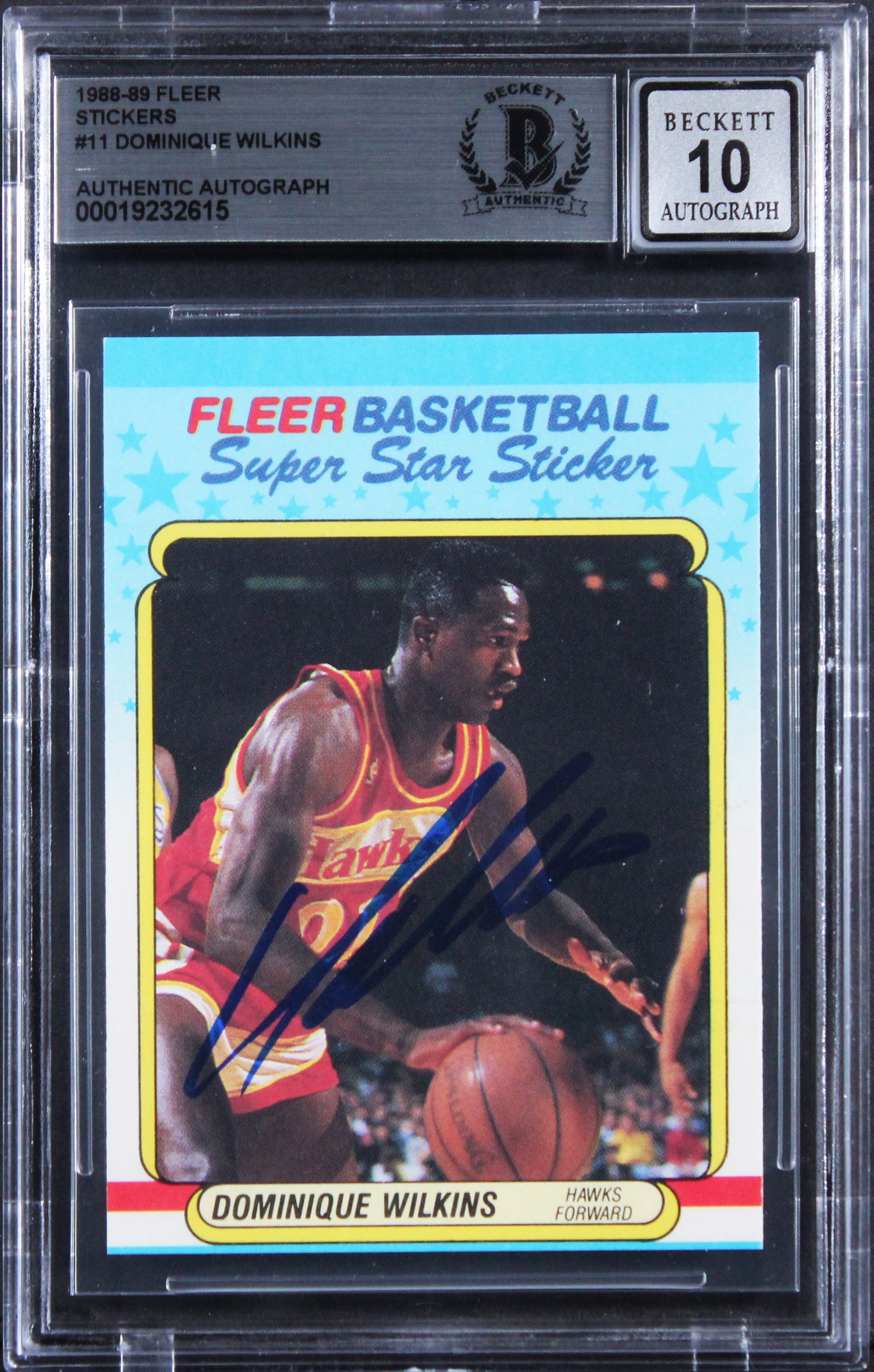 Hawks Dominique Wilkins Signed 1988 Fleer Stickers #11 Card Auto 10! BAS Slabbed