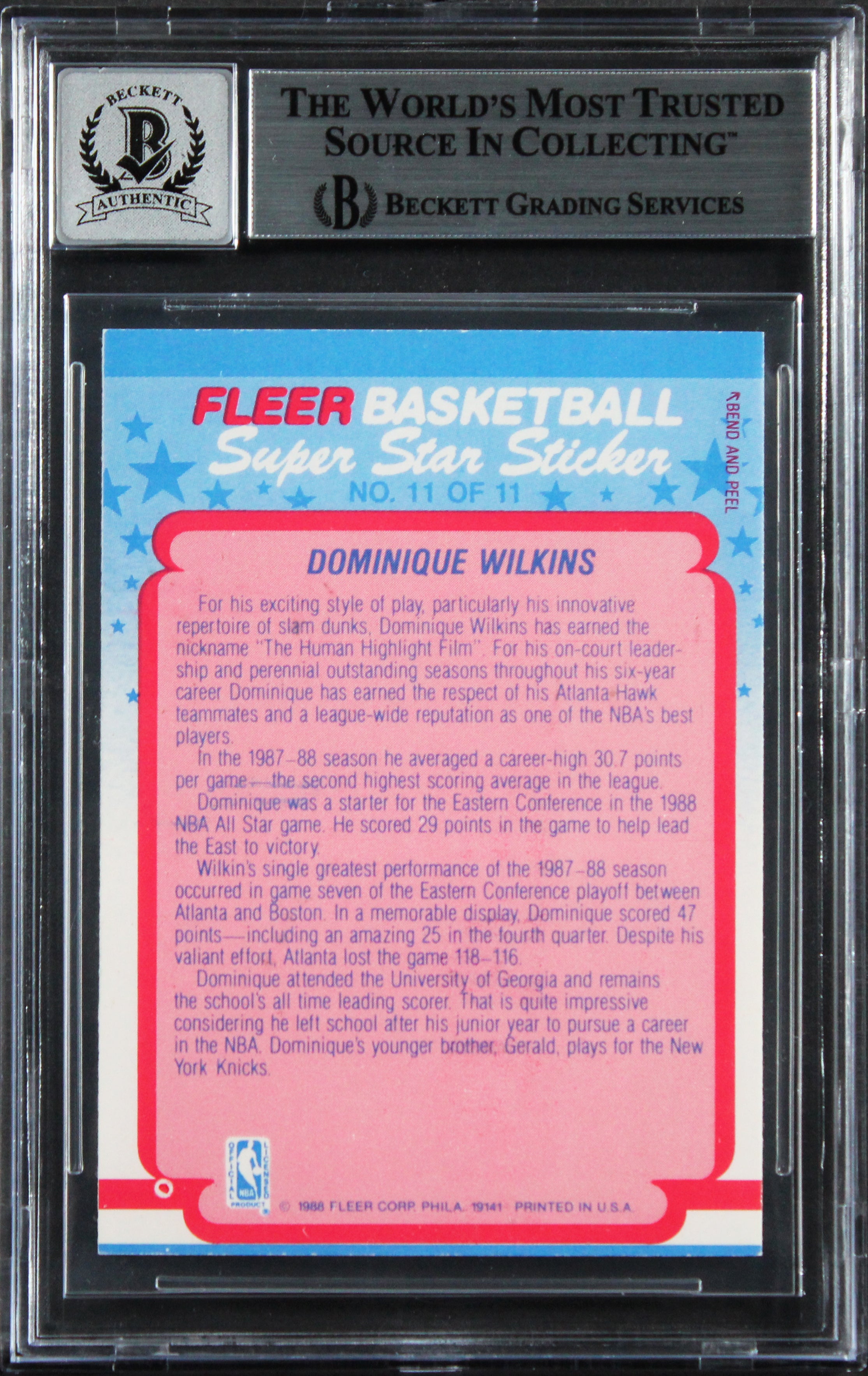 Hawks Dominique Wilkins Signed 1988 Fleer Stickers #11 Card Auto 10! BAS Slabbed
