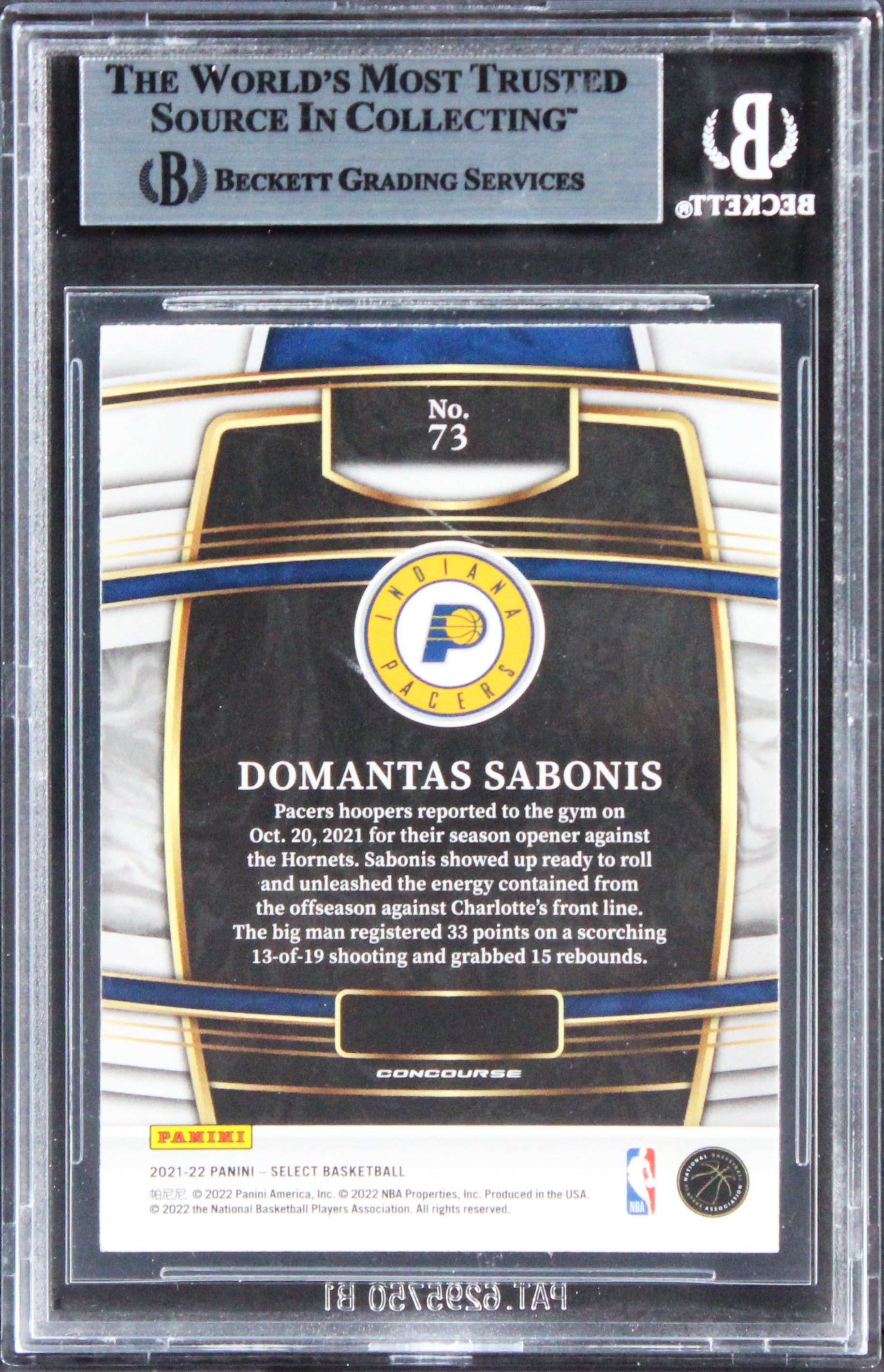 Pacers Domantas Sabonis Authentic Signed 2021 Select Blue #73 Card BAS Slabbed