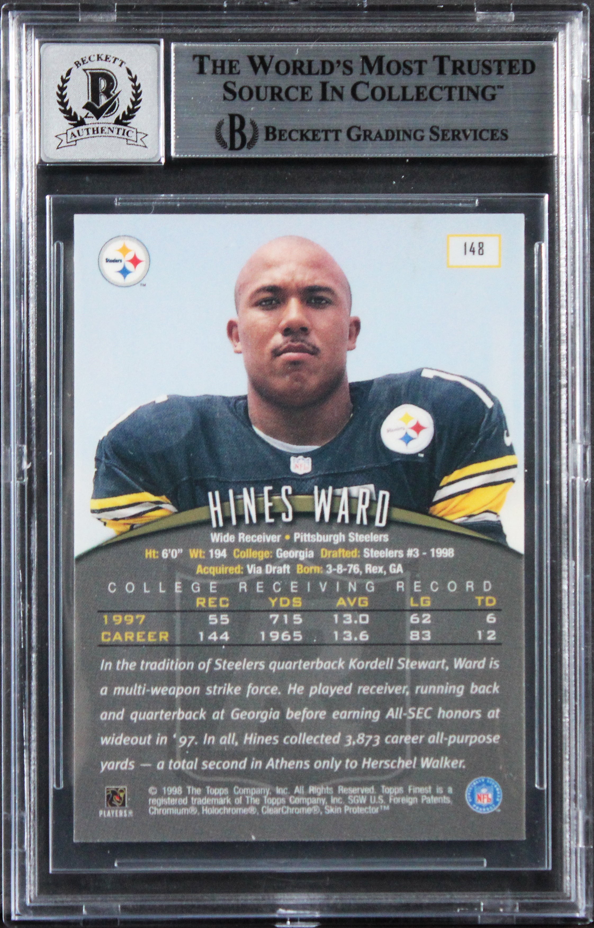 Steelers Hines Ward Signed 1998 Finest #148 Rookie Card Auto 10! BAS Slabbed
