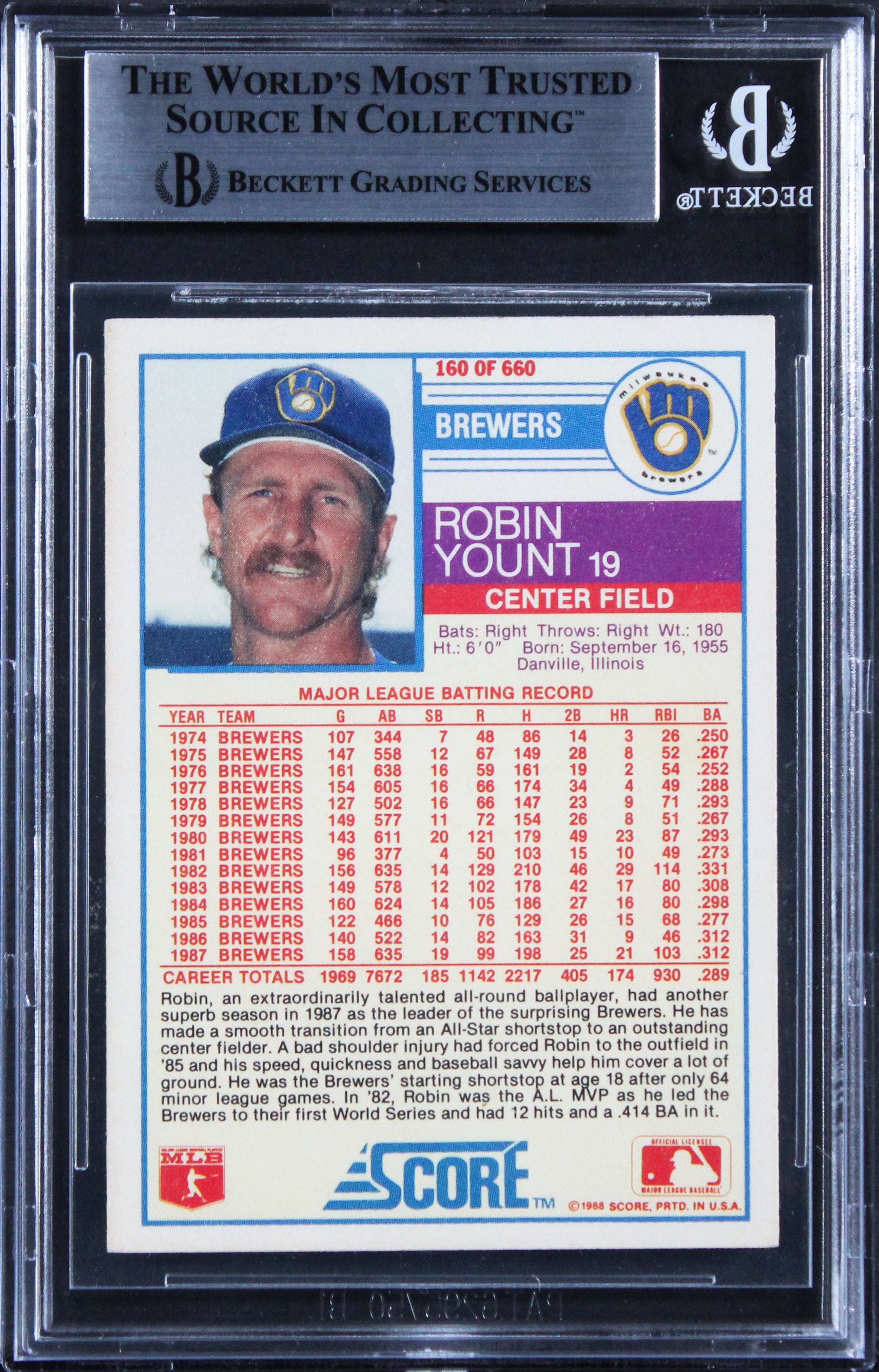 Brewers Robin Yount Authentic Signed 1988 Score #160 Card BAS Slabbed
