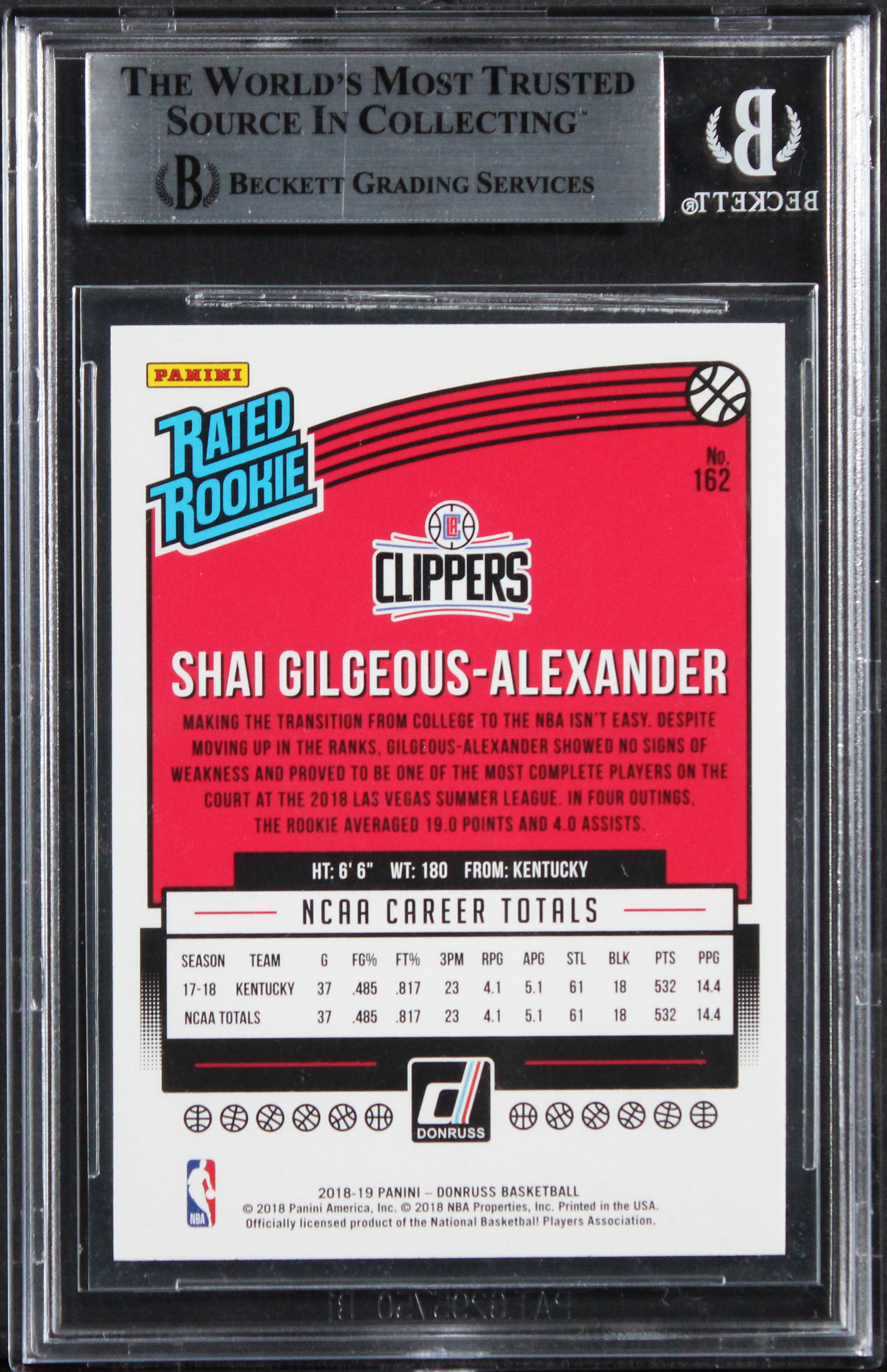 Shai Gilgeous-Alexander Signed 2018 Donruss #162 Rated Rookie Card BAS Slabbed 1