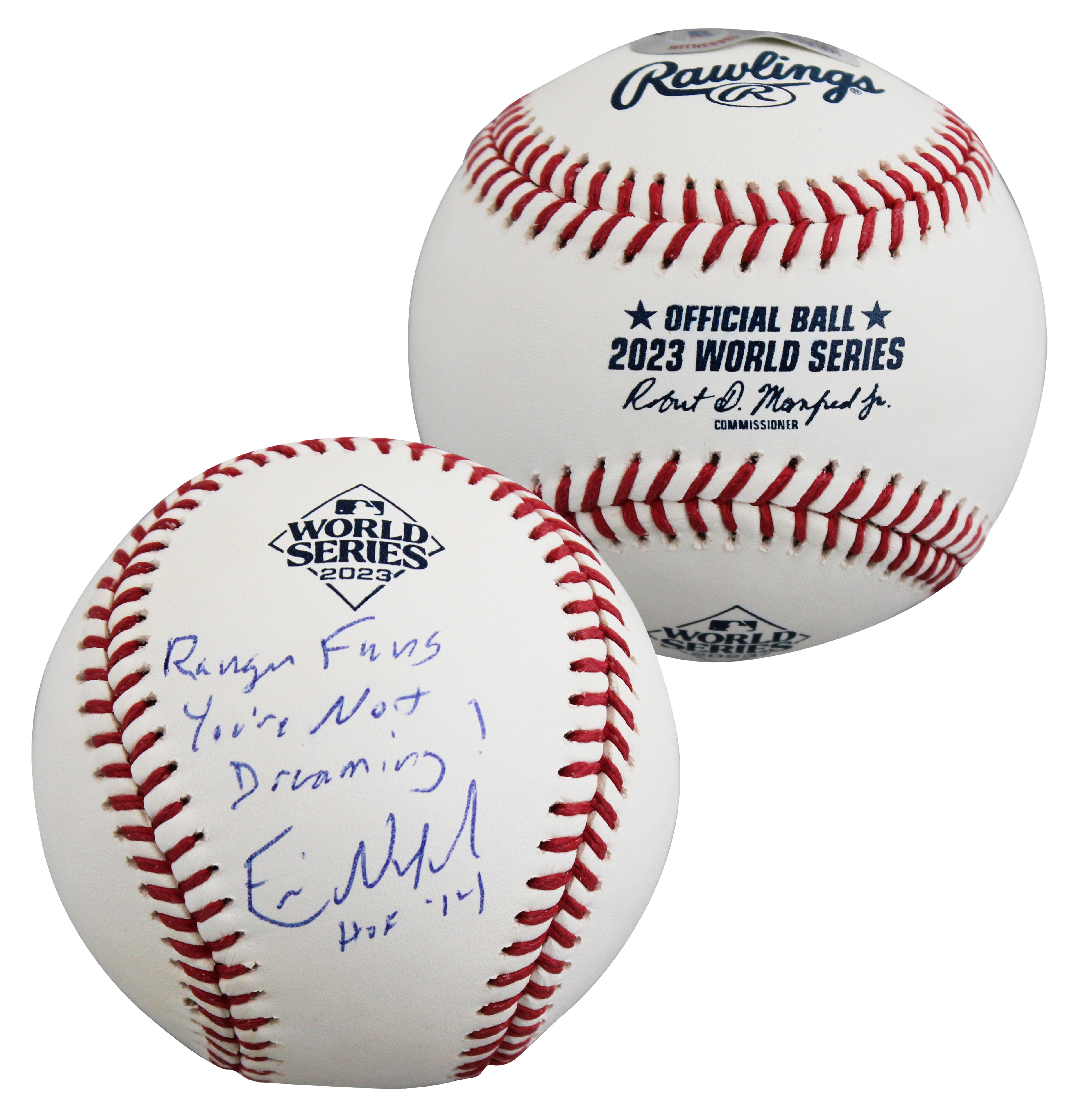 Rangers Eric Nadel "2x Insc" Signed 2023 WS Logo Baseball BAS Witness #1W235958