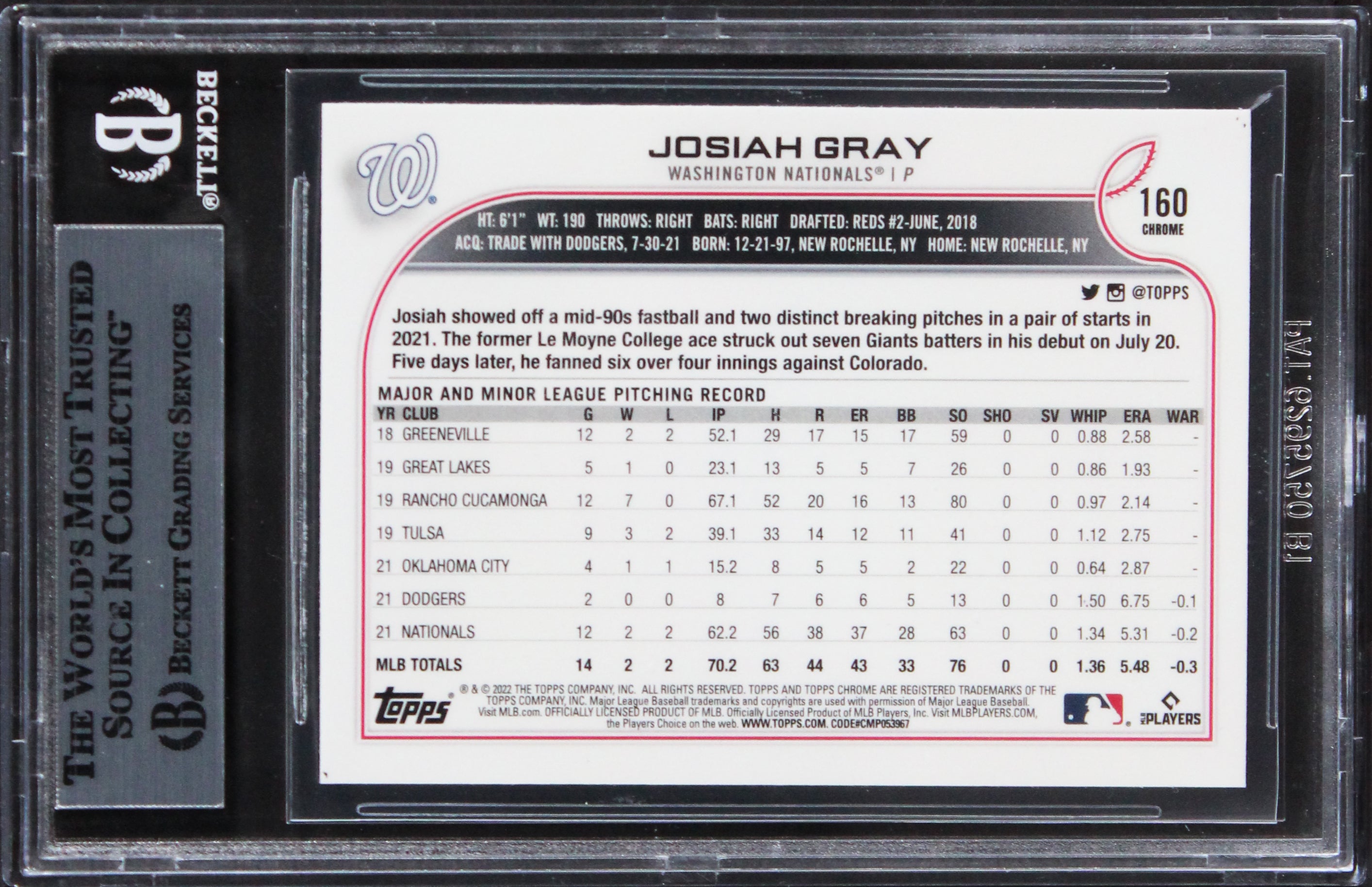 Nats Josiah Gray Signed 2022 Topps Chrome X-Fractors #160 Rookie Card BAS Slab
