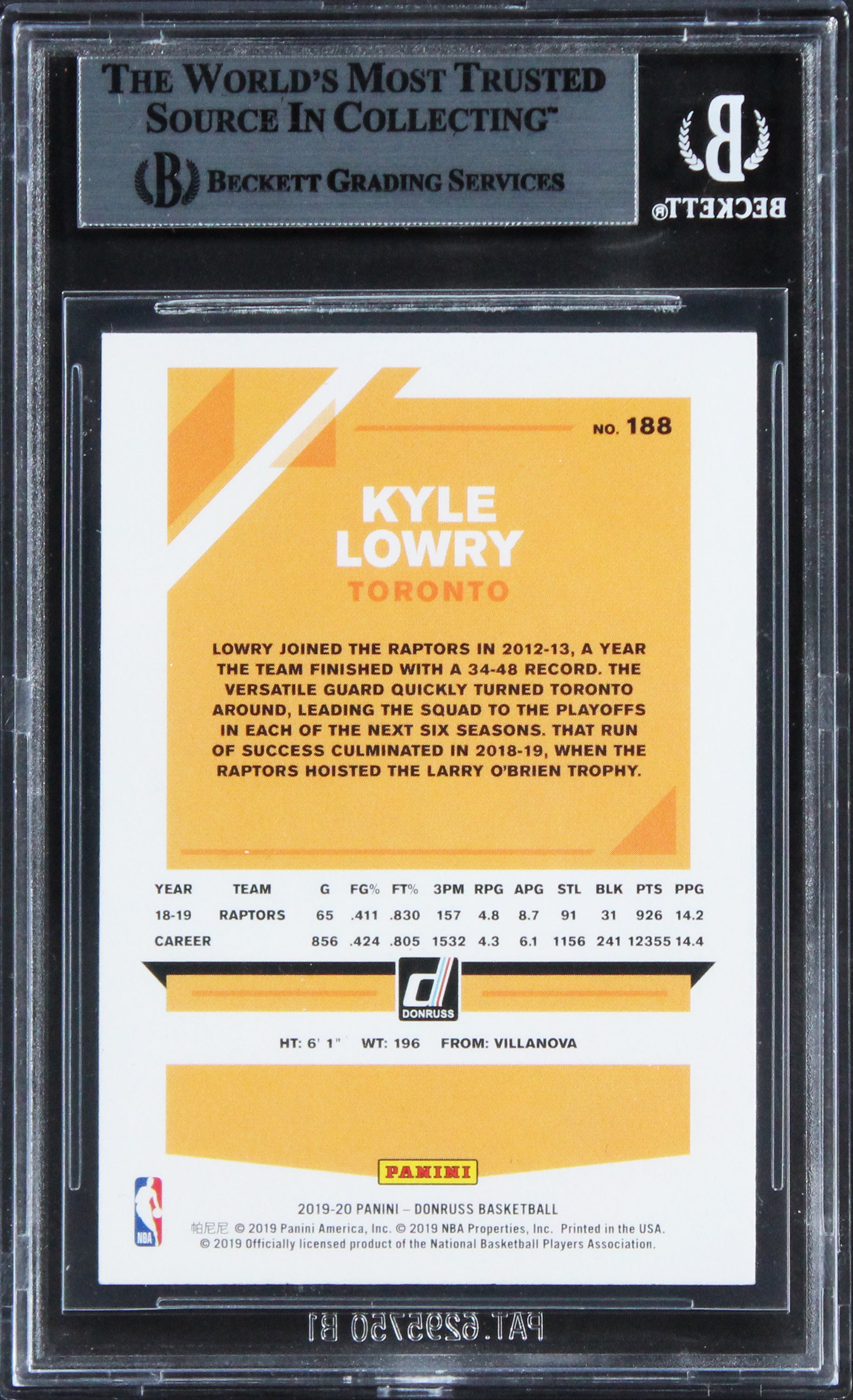 Raptors Kyle Lowry Authentic Signed 2019 Donruss #188 Card BAS Slabbed