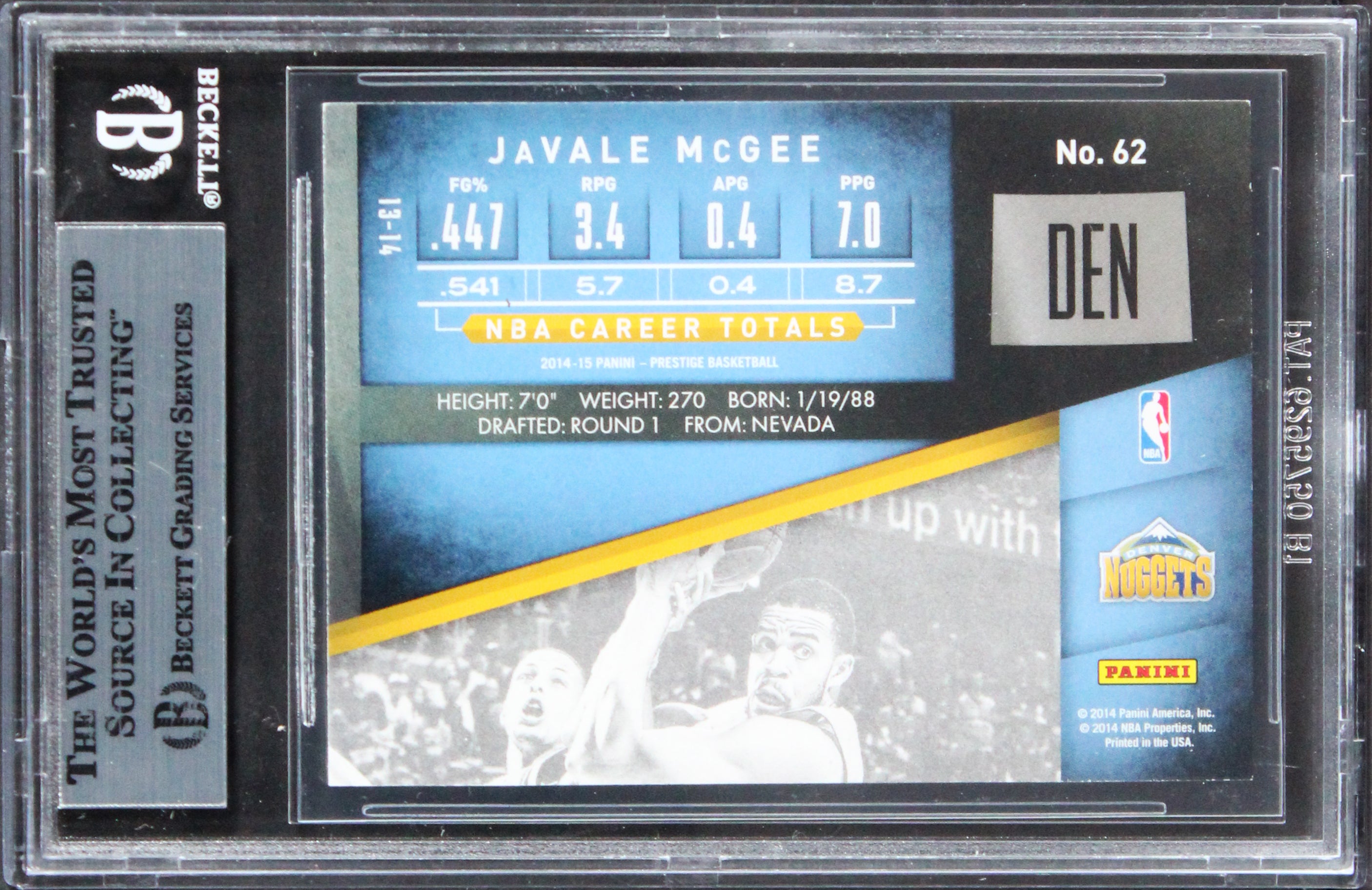 Nuggets Javale McGee Authentic Signed 2014 Prestige #62 Card BAS Slabbed