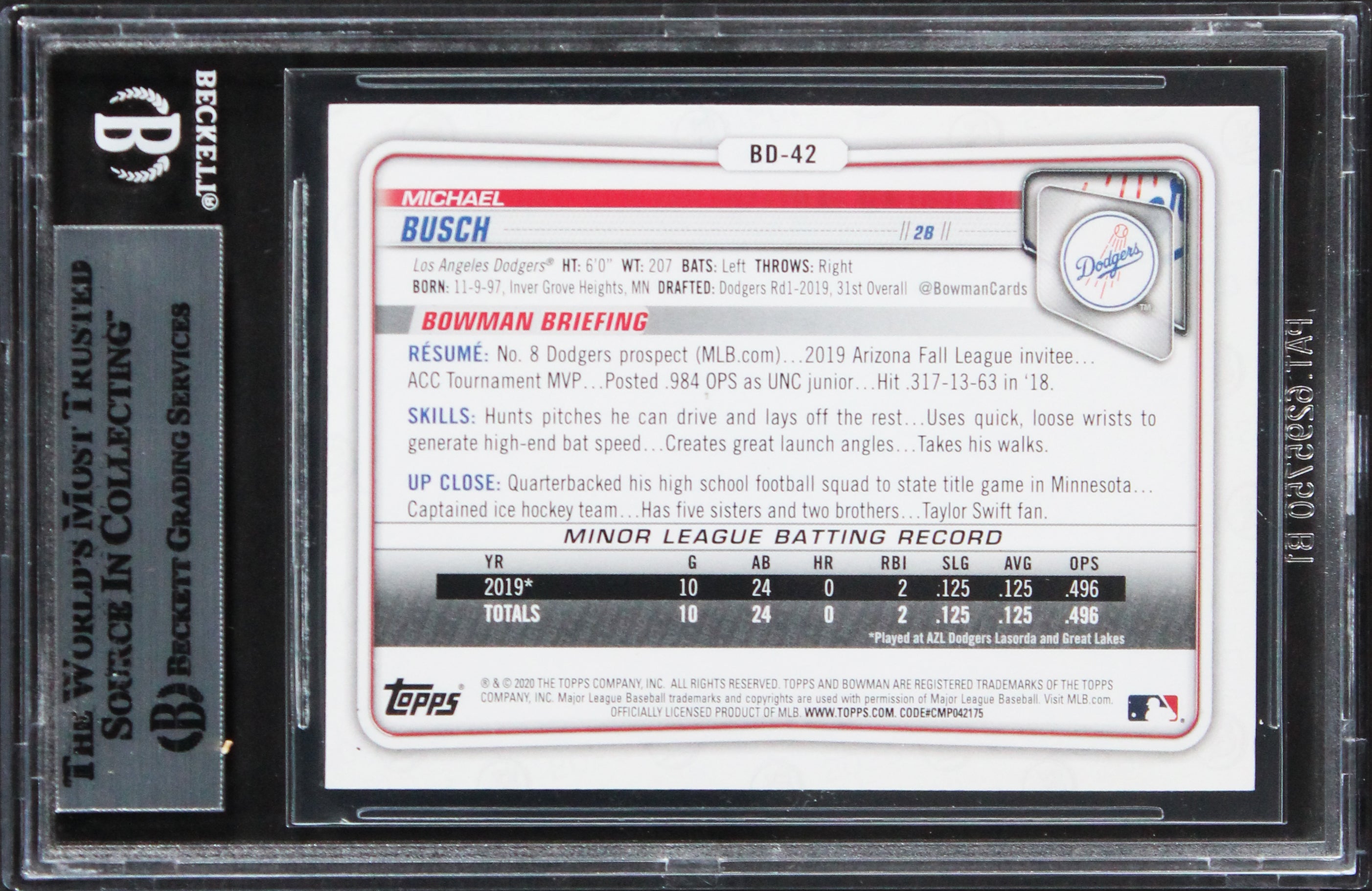 Dodgers Michael Busch Authentic Signed 2020 Bowman Draft #BD42 Card BAS Slabbed