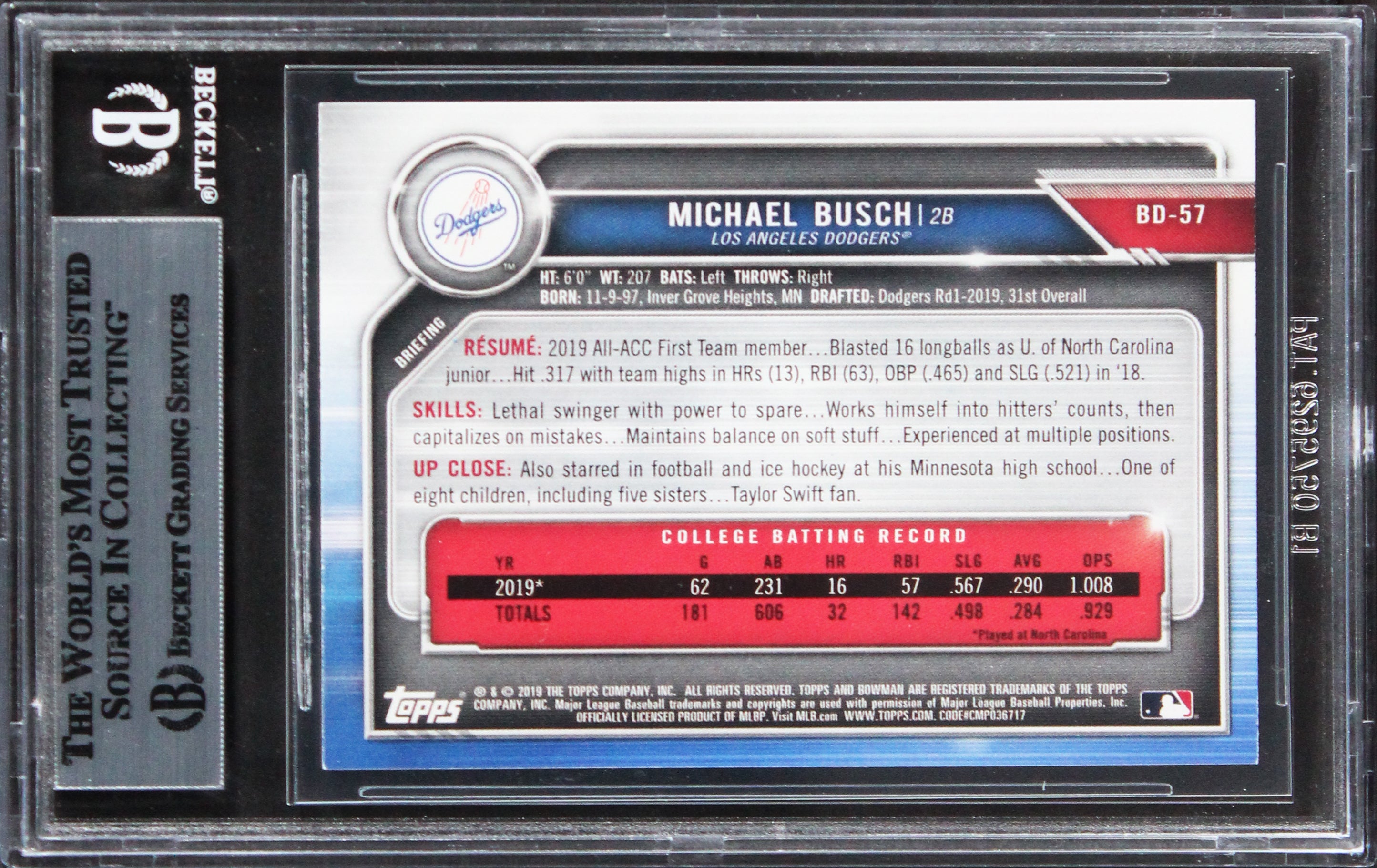 Dodgers Michael Busch Authentic Signed 2019 Bowman Draft #BD57 Card BAS Slabbed