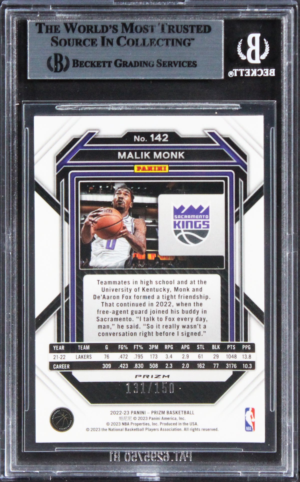 Kings Malik Monk Signed 2022 Panini Prizm Premium FS #142 Card BAS Slabbed