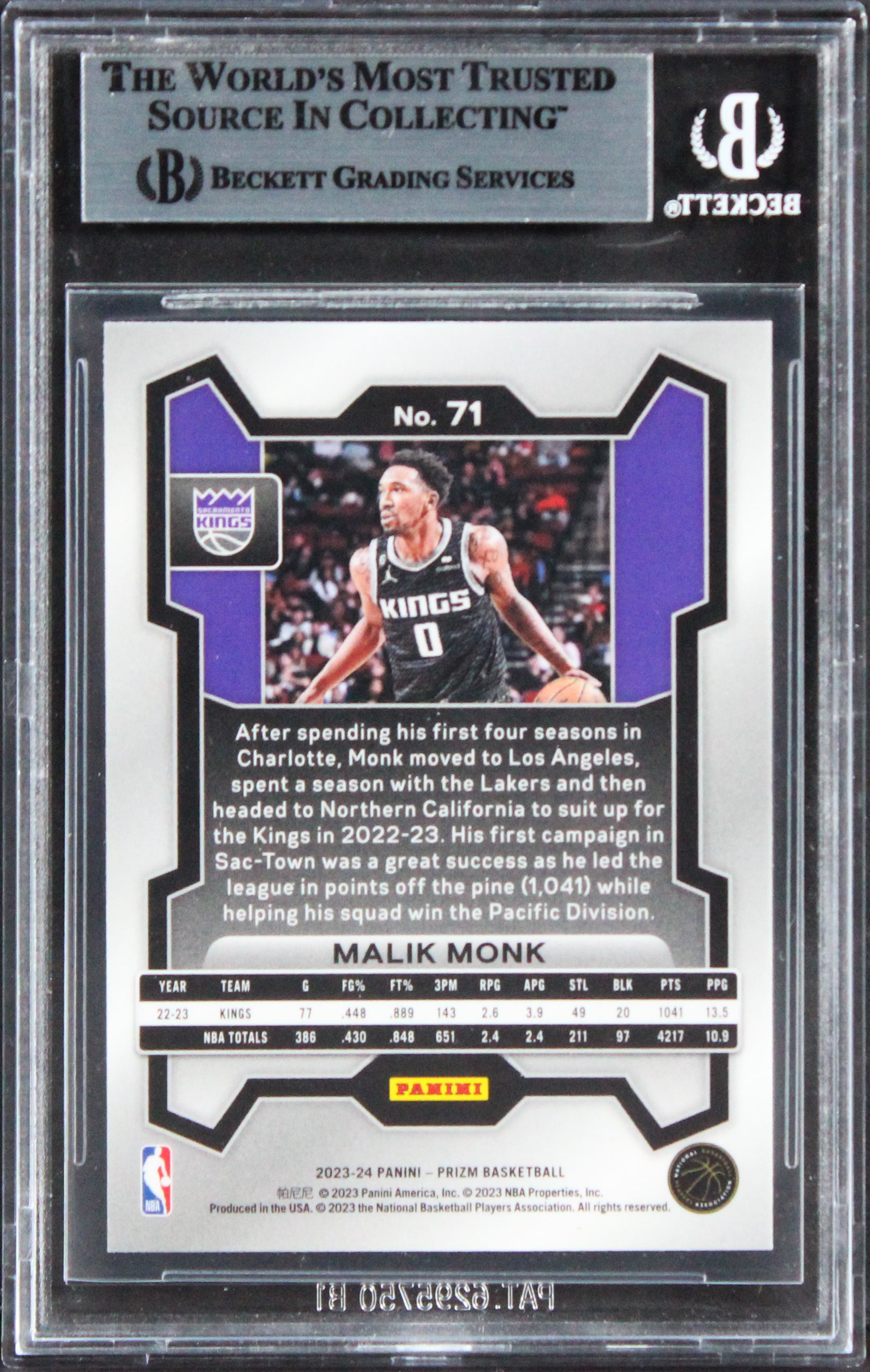 Kings Malik Monk Authentic Signed 2023 Panini Prizm #71 Card BAS Slabbed