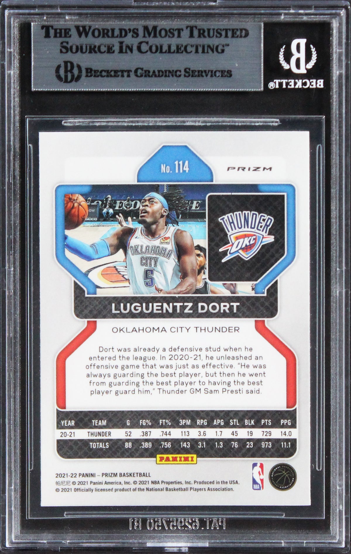 Thunder Luguentz Dort Signed 2021 Panini Prizm Green #114 Card BAS Slabbed