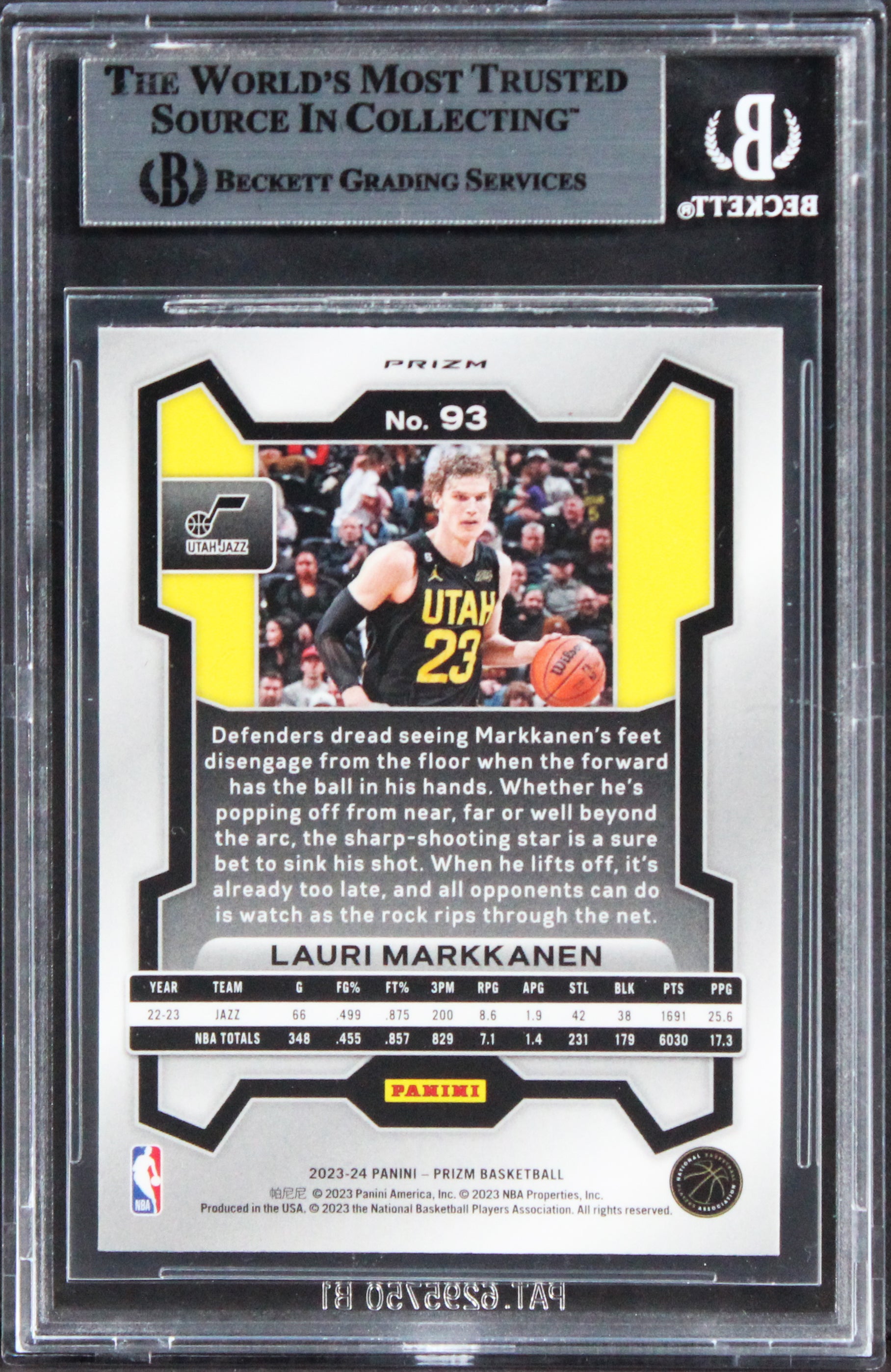 Jazz Lauri Markkanen Signed 2023 Panini Prizm Orange Ice #93 Card BAS Slabbed