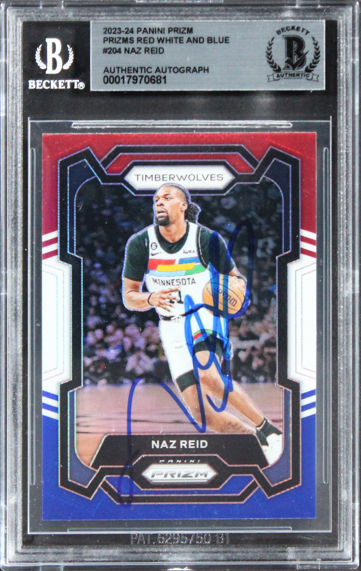 Timberwolves Naz Reid Signed 2023 Panini Prizm Prizms RWB #204 Card BAS Slabbed