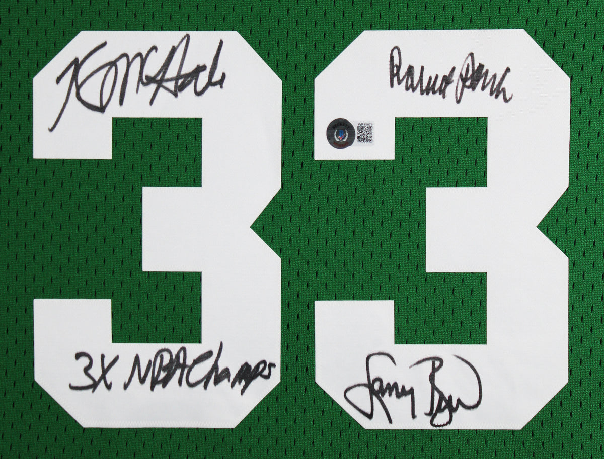 Celtics (3) Bird, Parish & McHale Signed Green M&N Swingman Framed Jersey BAS W