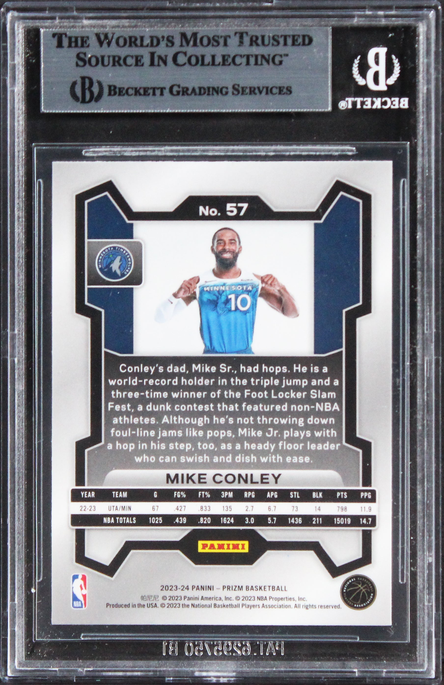 Timberwolves Mike Conley Authentic Signed 2023 Panini Prizm #57 Card BAS Slabbed