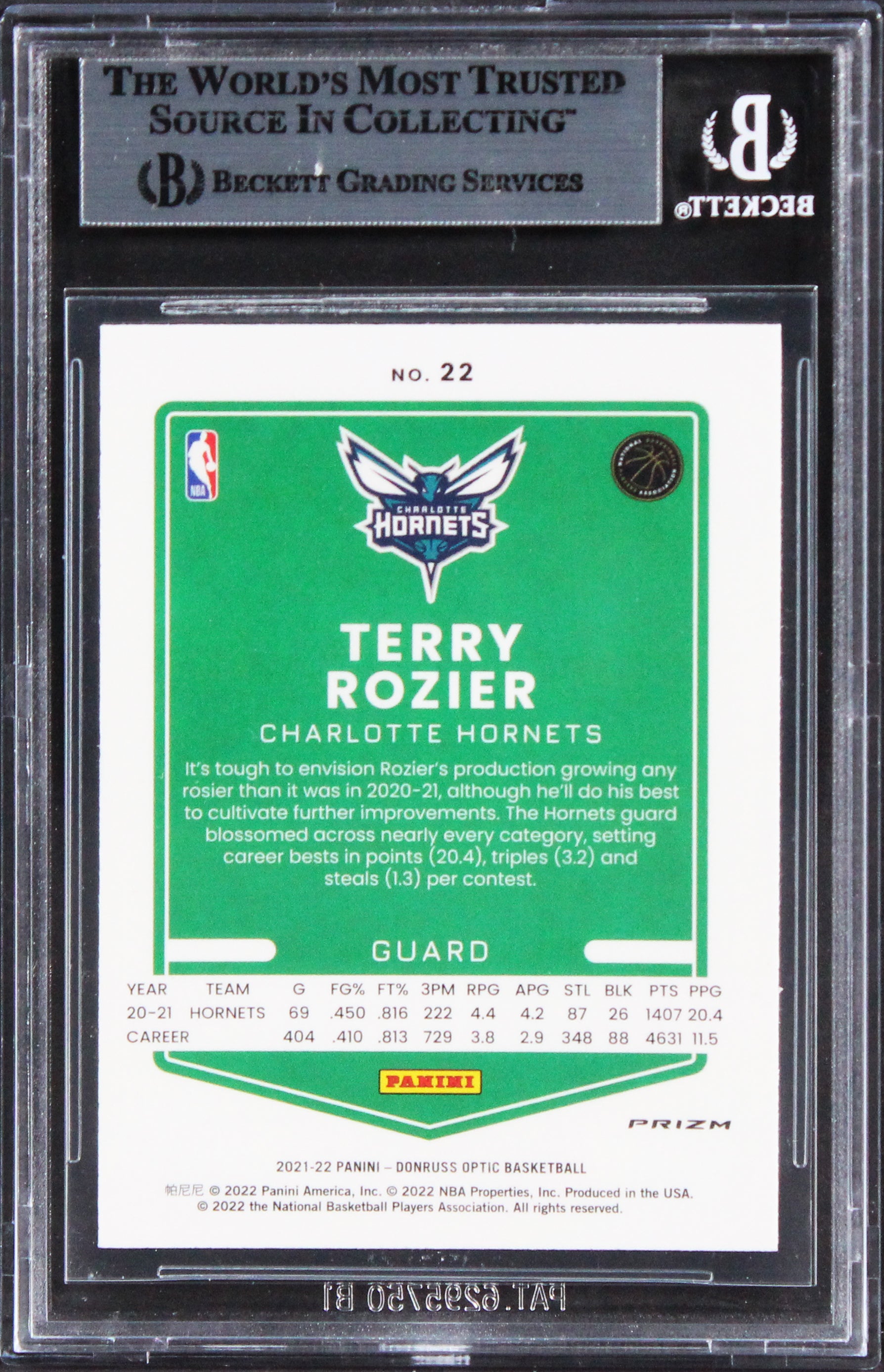 Hornets Terry Rozier III Signed 2021 Donruss Optic Blue Vel #22 Card BAS Slabbed