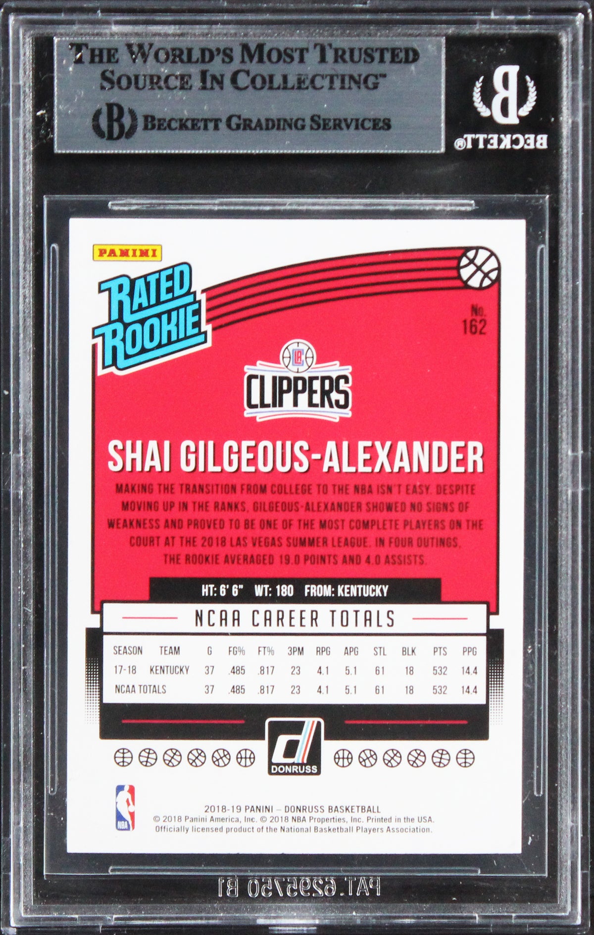 Clippers Shai Gilgeous-Alexander Signed 2018 Donruss #162 Rookie Card BAS Slab