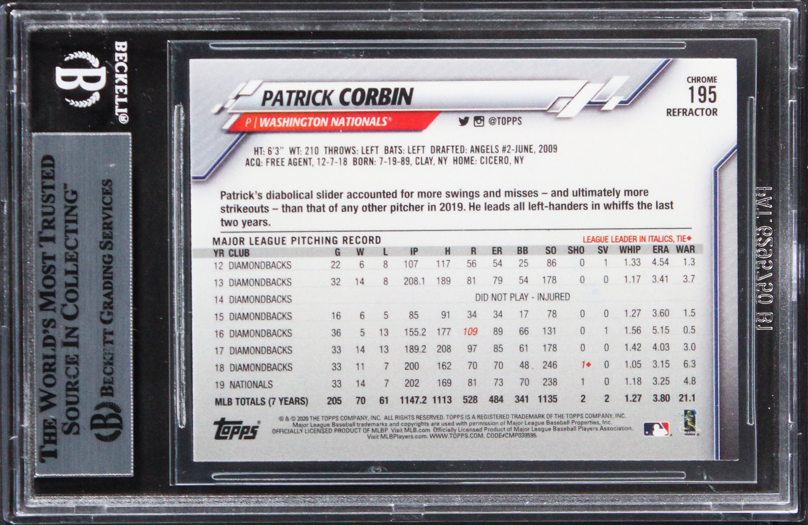 Nationals Patrick Corbin Signed 2020 Topps Chrome Sepia R #195 Card BAS Slabbed