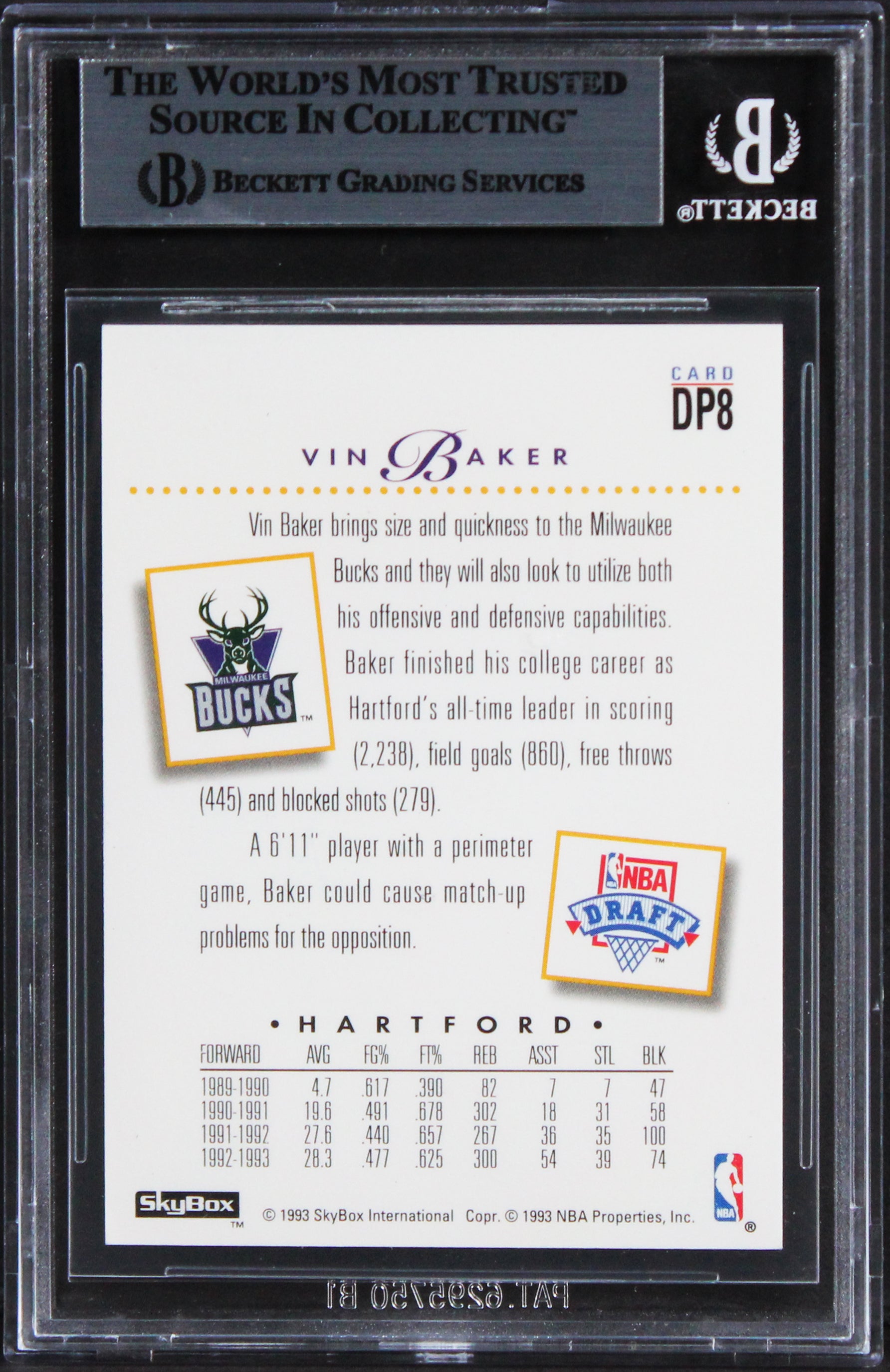 Bucks Vin Baker Signed 1993 Skybox Premium Draft Picks D#DDP8 Card BAS Slabbed