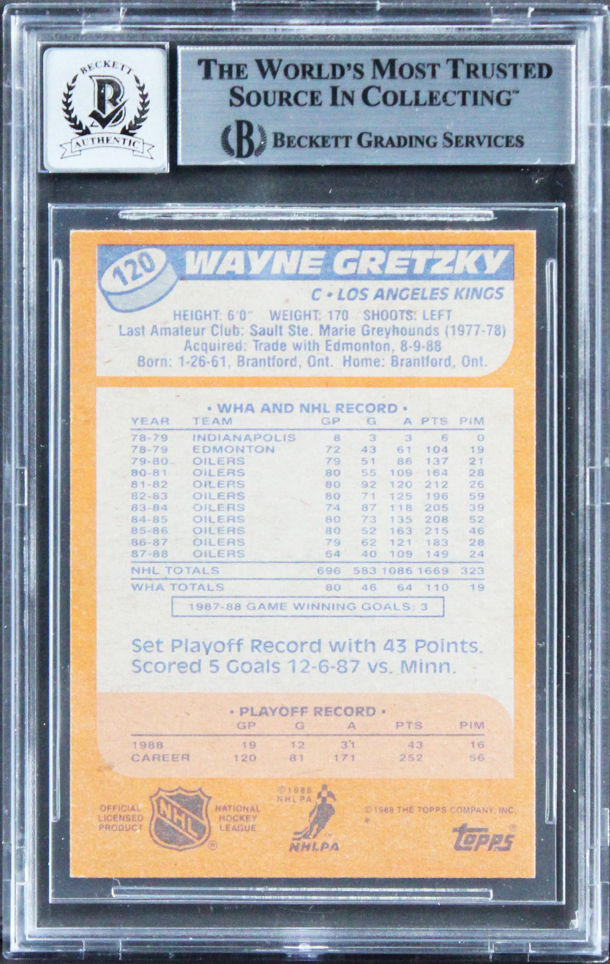 Kings Wayne Gretzky Signed 1988 Topps #120 Card Auto Graded 10! BAS Slabbed