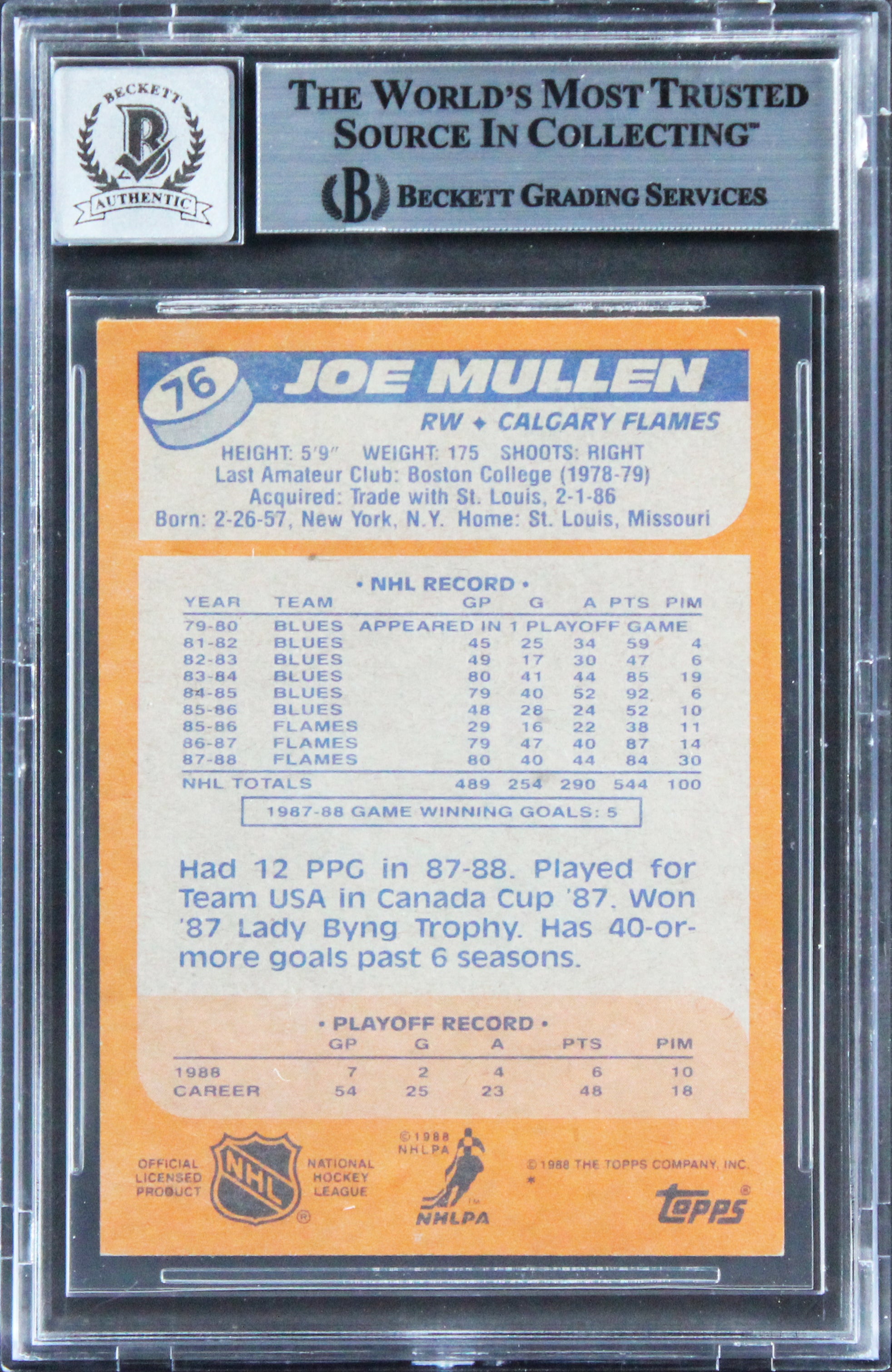 Flames Joe Mullen Signed 1998 Topps #76 Card Auto Gem Mint 10! BAS Slabbed