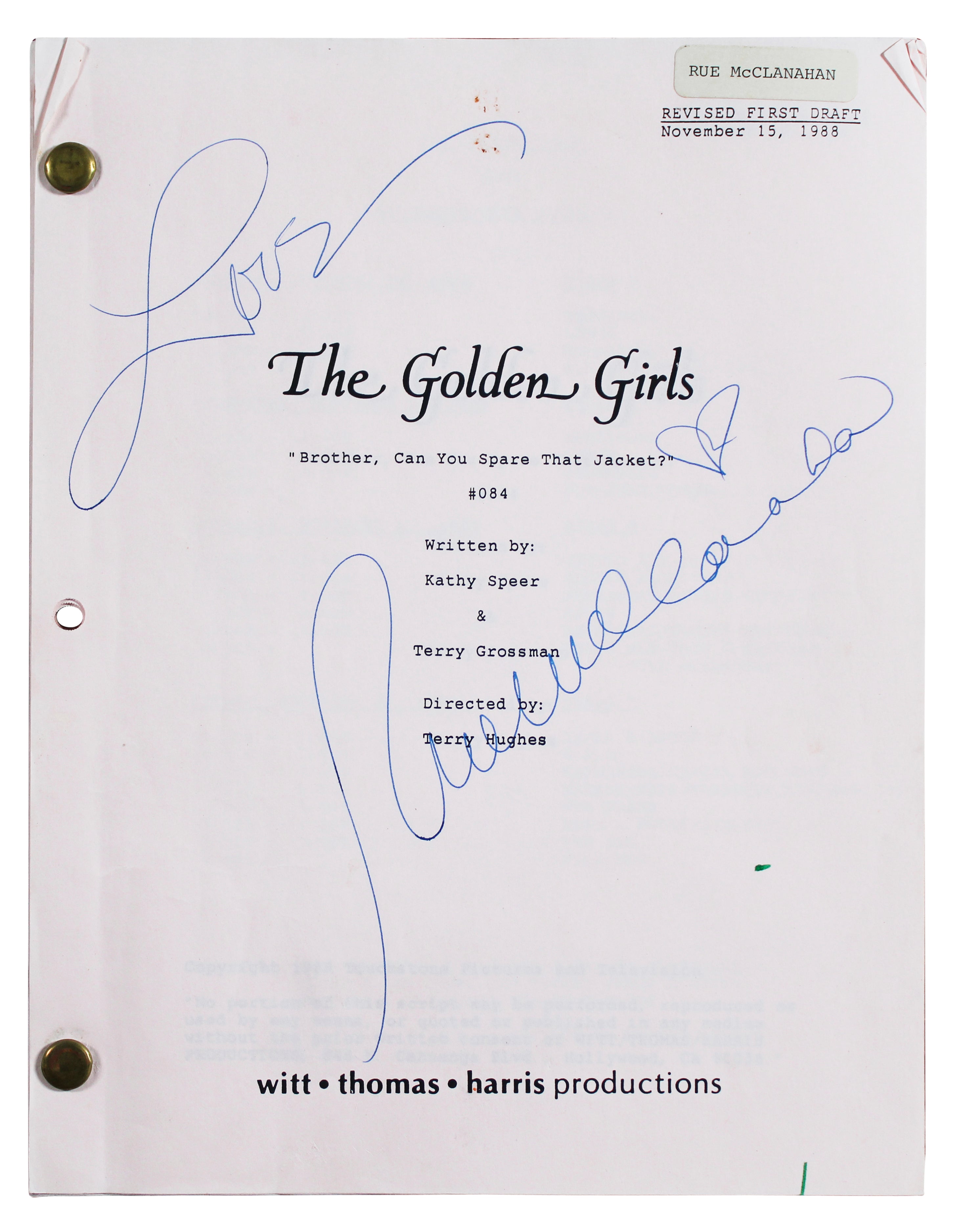 Rue McClanahan Golden Girls Authentic Signed Set Used Tv Script BAS #AG010061