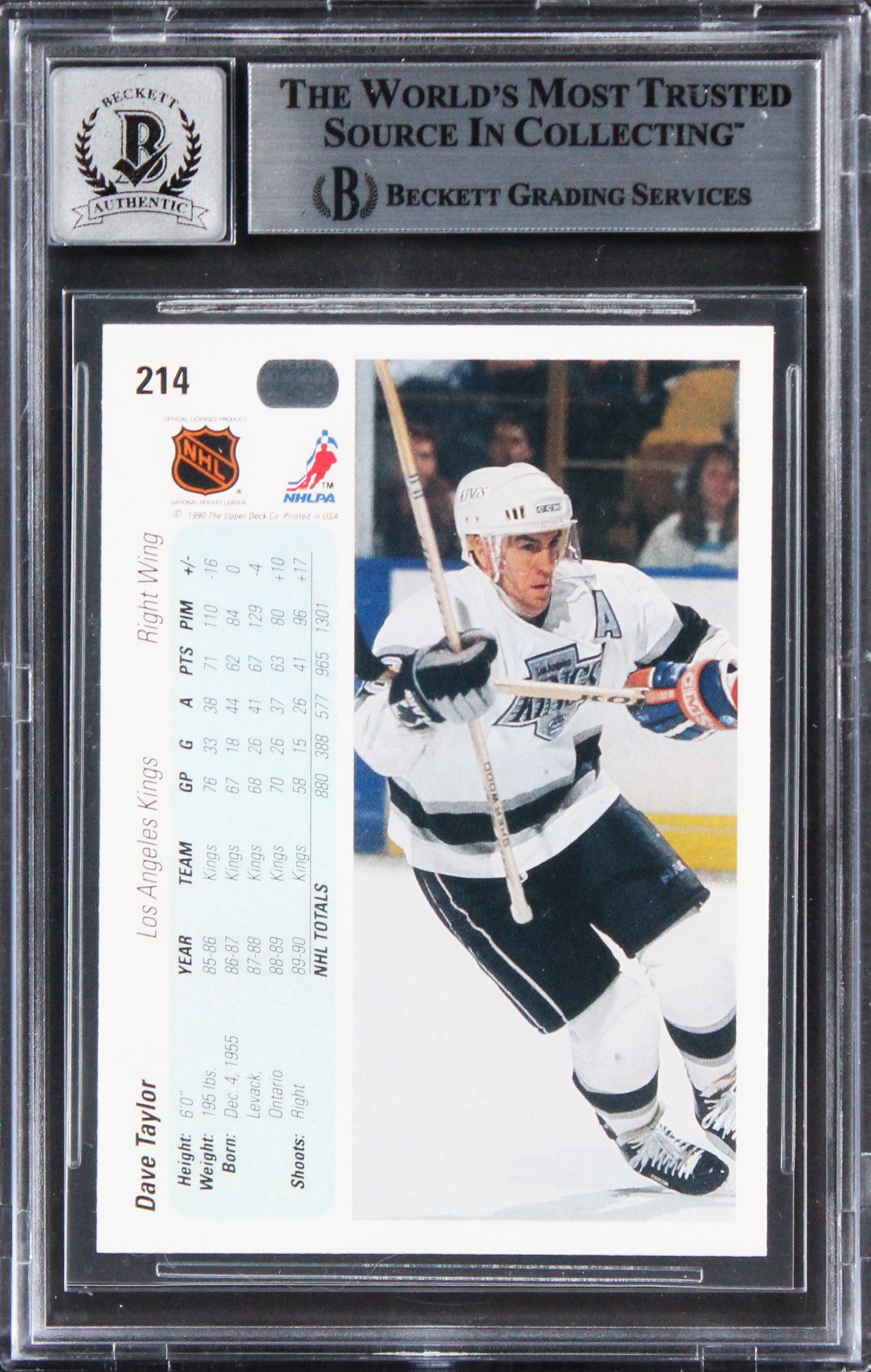 Kings Dave Taylor Signed 1990 Upper Deck #214 Card Auto Gem Mint 10! BAS Slabbed
