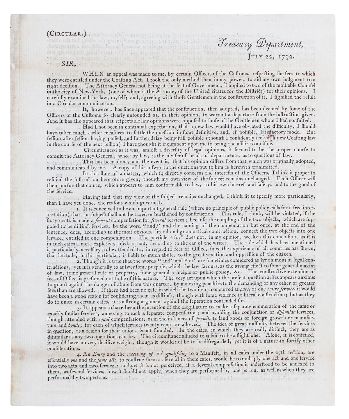 Alexander Hamilton Signed 7.5x9 1792 Treasury Department Circular BAS #AG010005