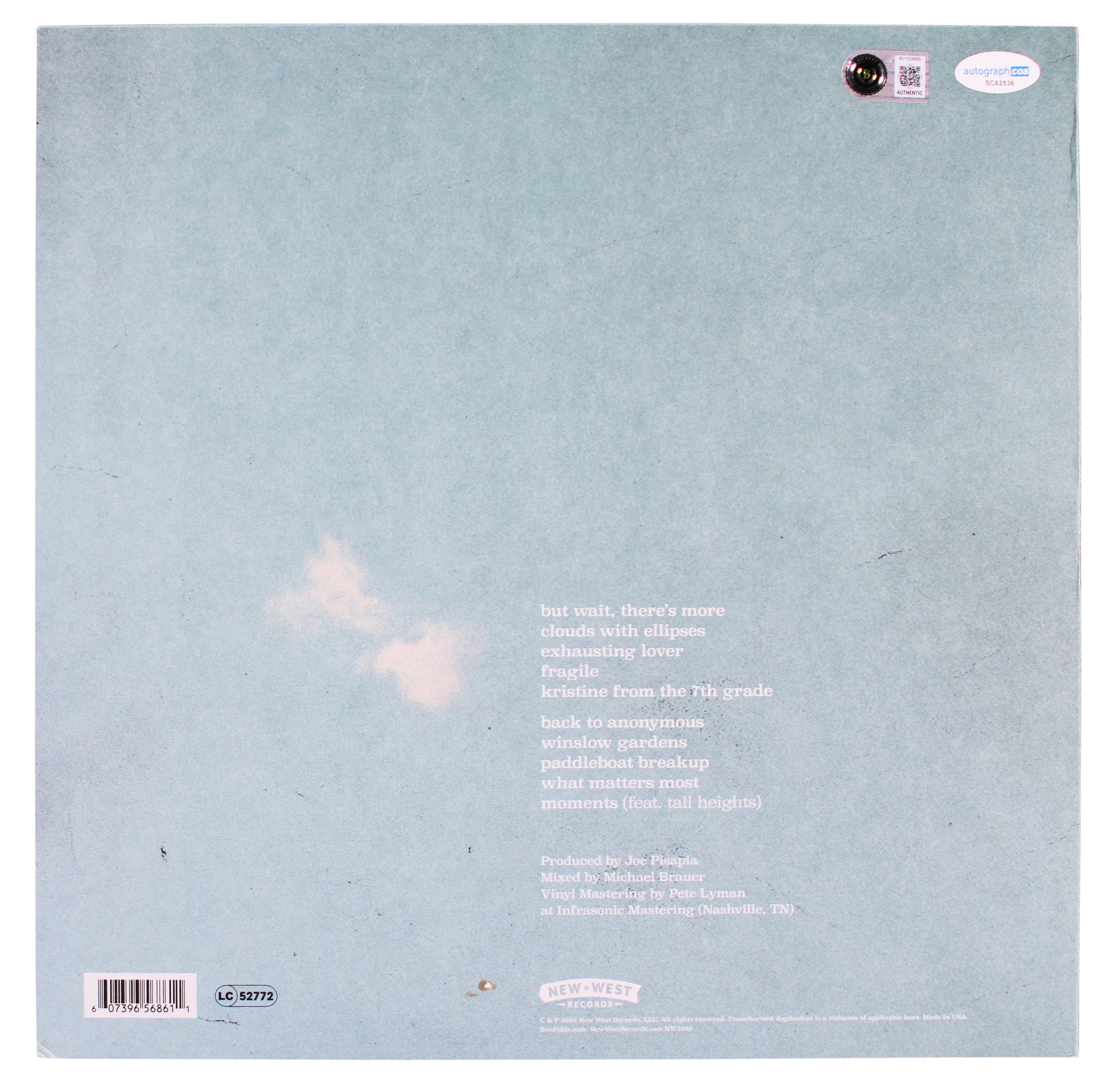 Ben Folds Authentic Signed What Matters Most Album Cover W/ Vinyl BAS #BY103685