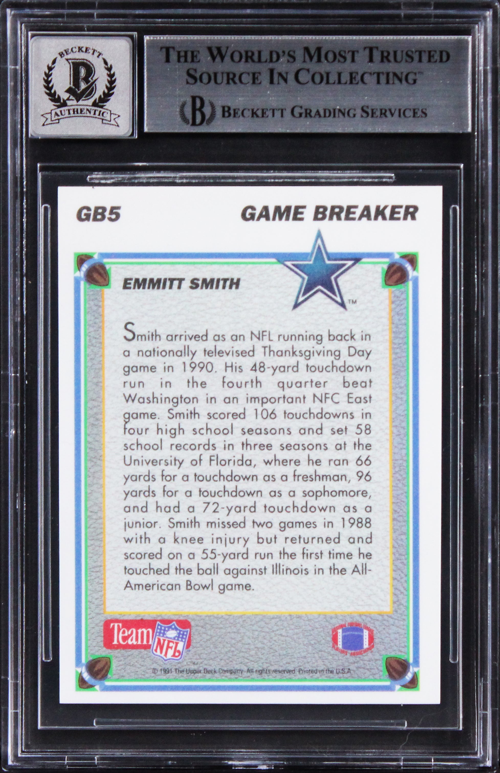Emmitt Smith Signed 1991 UD Game Breaker Hologram #GB5 Card Auto 10! BAS Slabbed