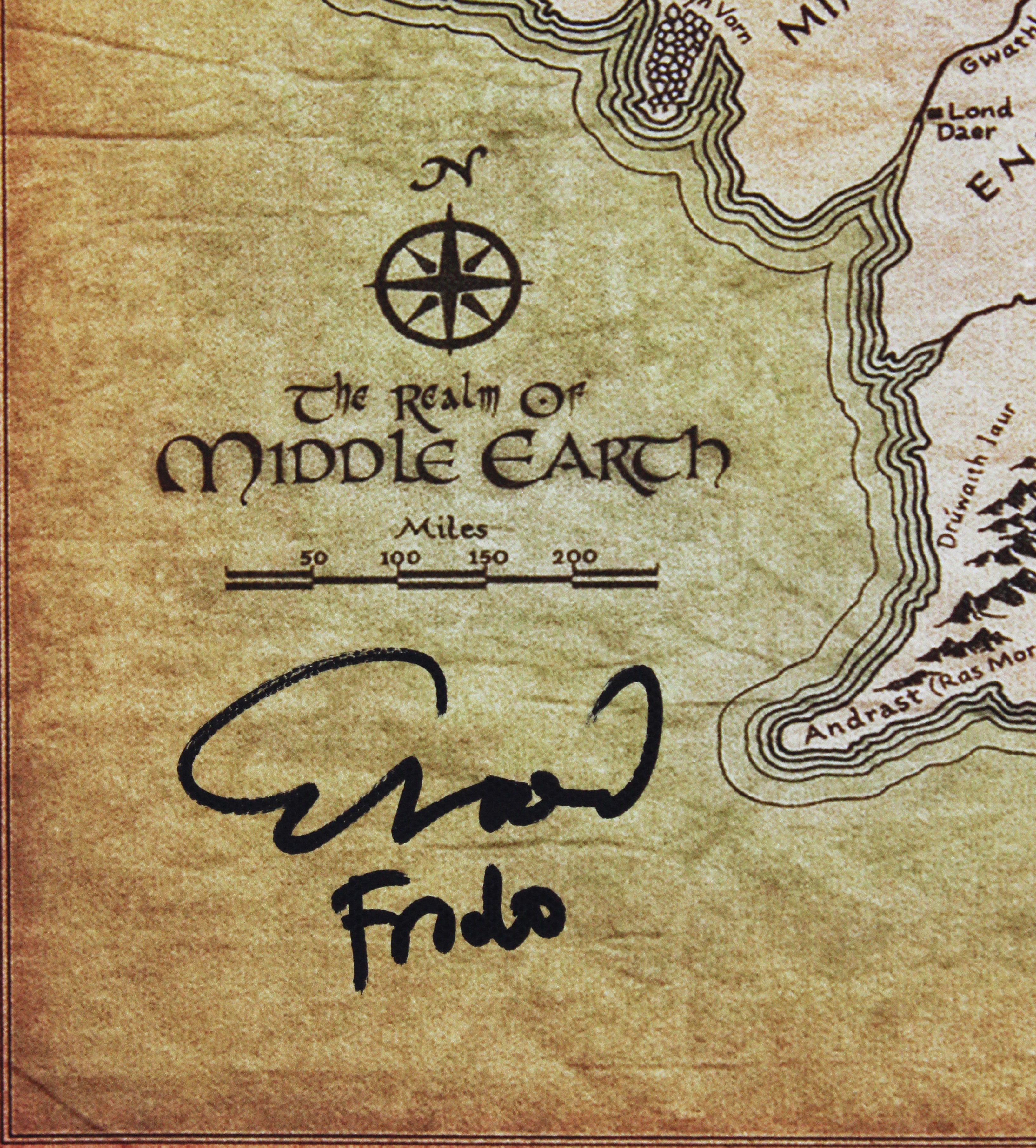 Elijah Wood & Sean Astin LOTR Signed 11x17 Realm of Middle Earth Canvas Map BAS
