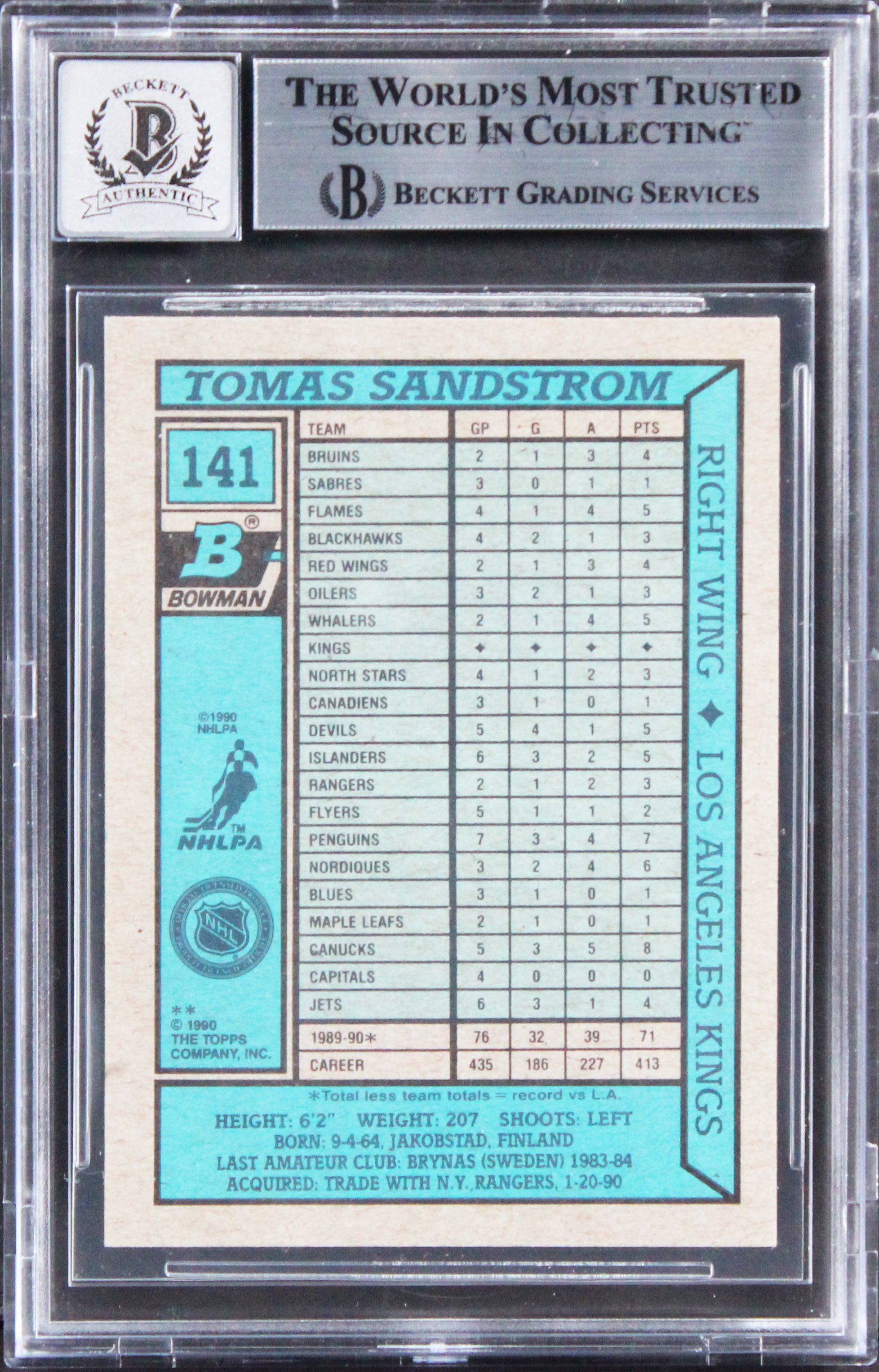 Kings Tomas Sandstrom Signed 1990 Bowman #141 Card Auto Graded 10! BAS Slabbed