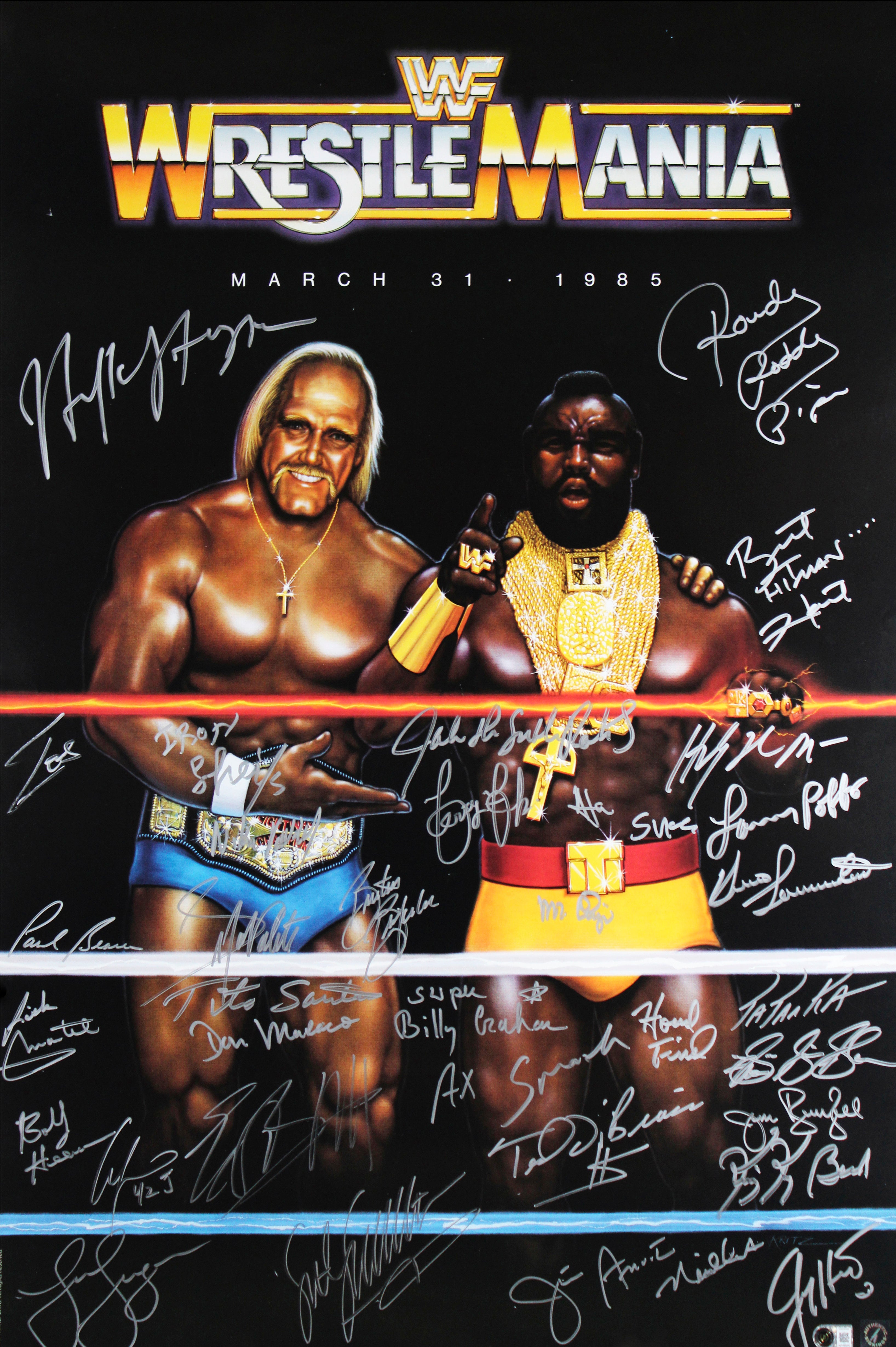WrestleMania I (33) Hogan, Hart, Piper, Poffo, Bearer Signed 27x40 Poster BAS