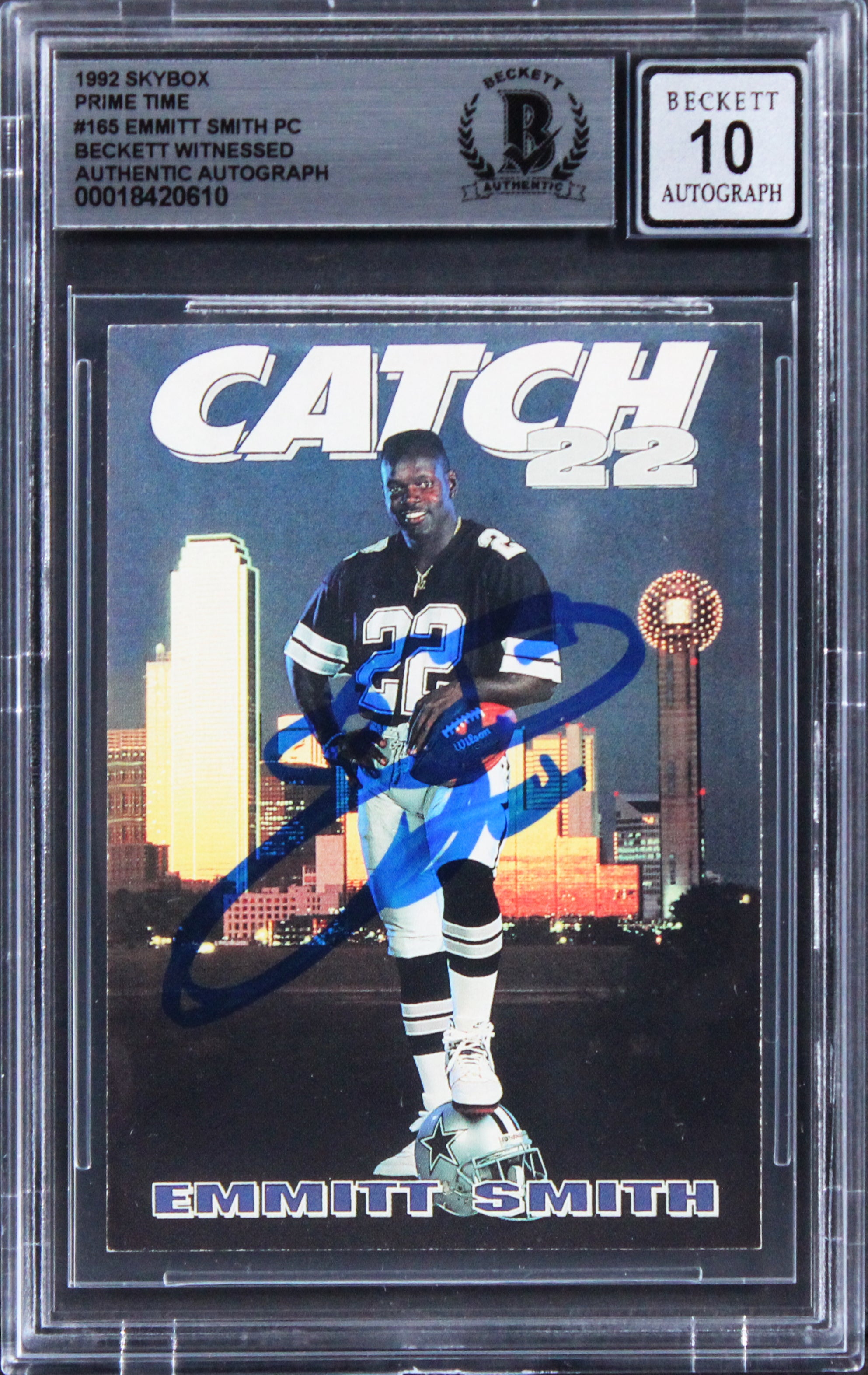 Emmitt Smith Signed 1992 SkyBox Prime Time #165 Card Auto Grade 10! BAS Slabbed