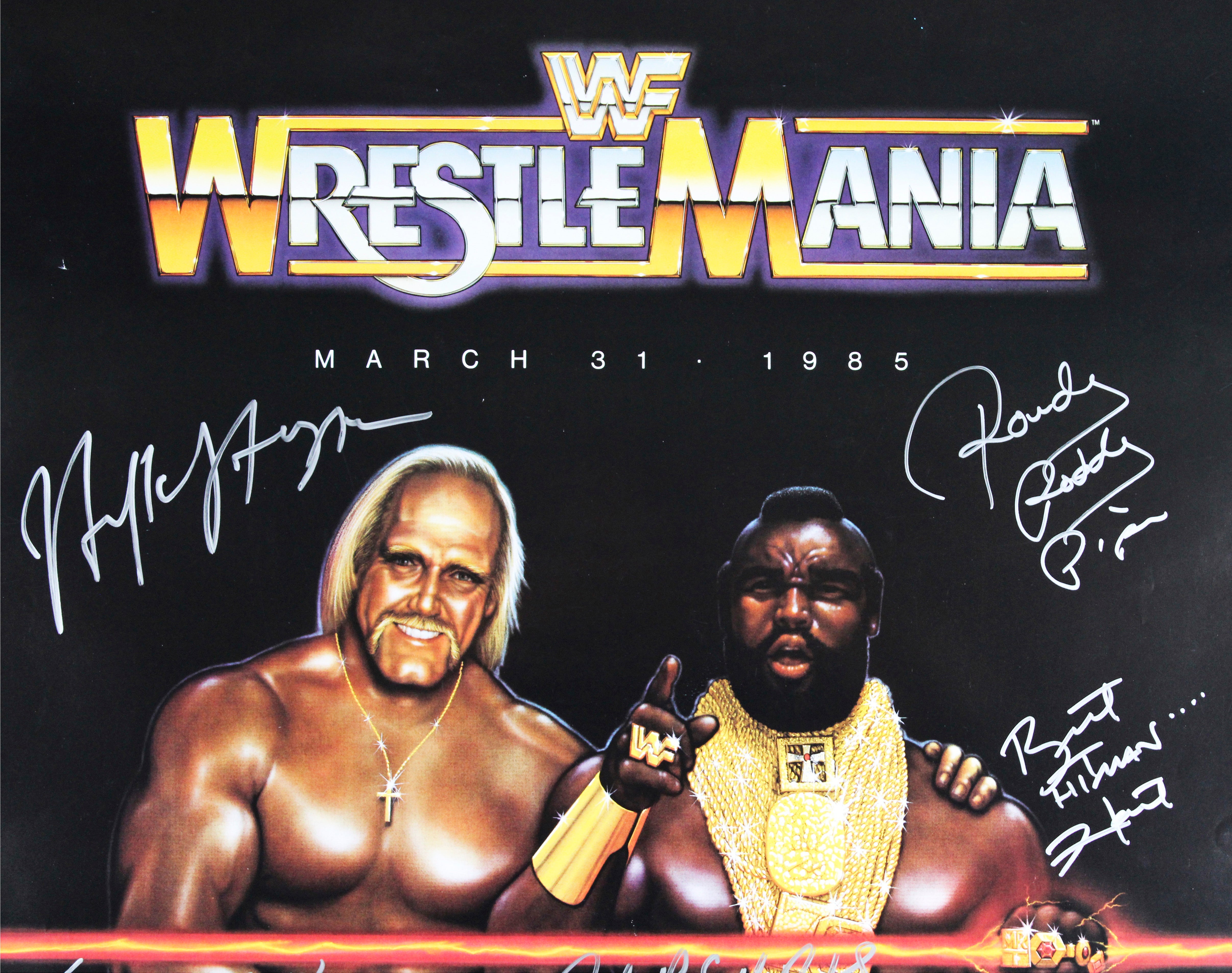 WrestleMania I (33) Hogan, Hart, Piper, Poffo, Bearer Signed 27x40 Poster BAS