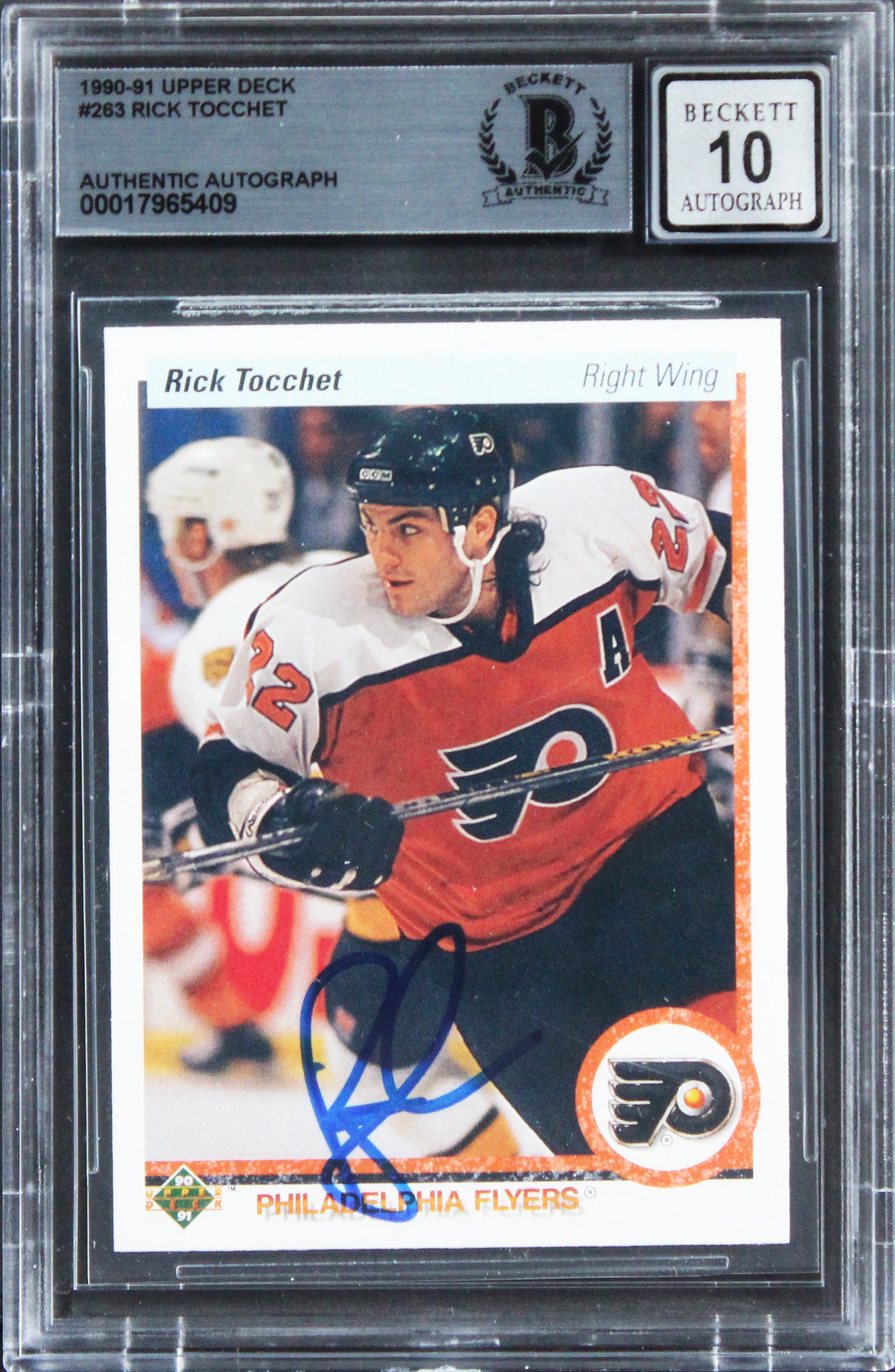 Flyers Rick Tocchet Signed 1990 Upper Deck #263 Card Auto Graded 10! BAS Slabbed
